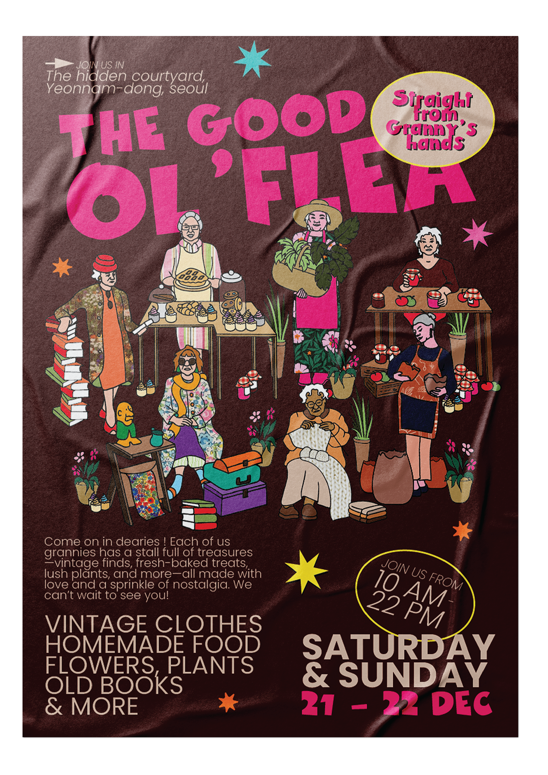Fictional Granny flea market poster design with custom illustrations