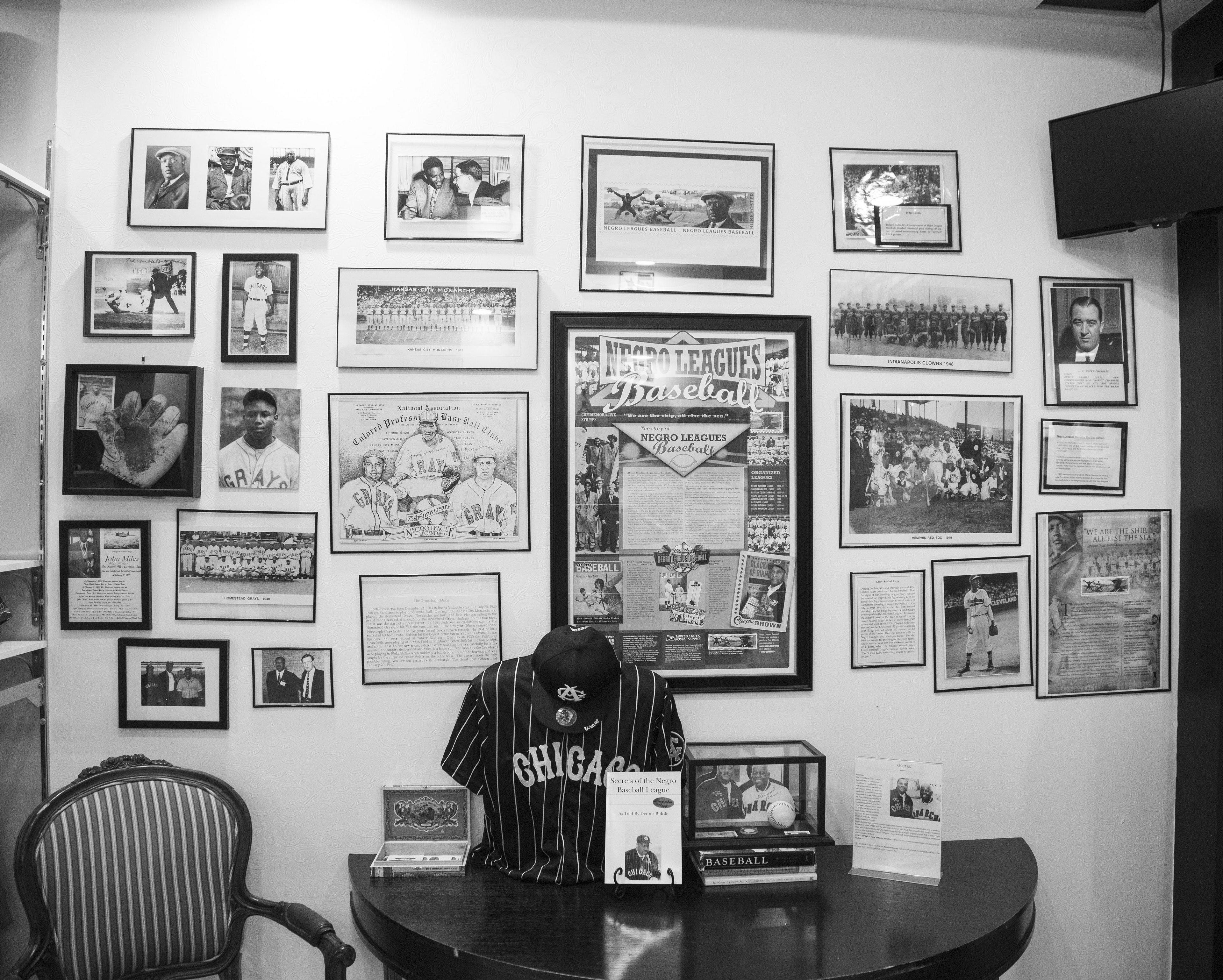 Biddle's Wall of Negro League History at his store located in the Mayfair Mall in Wauwatosa, Wisconsin.