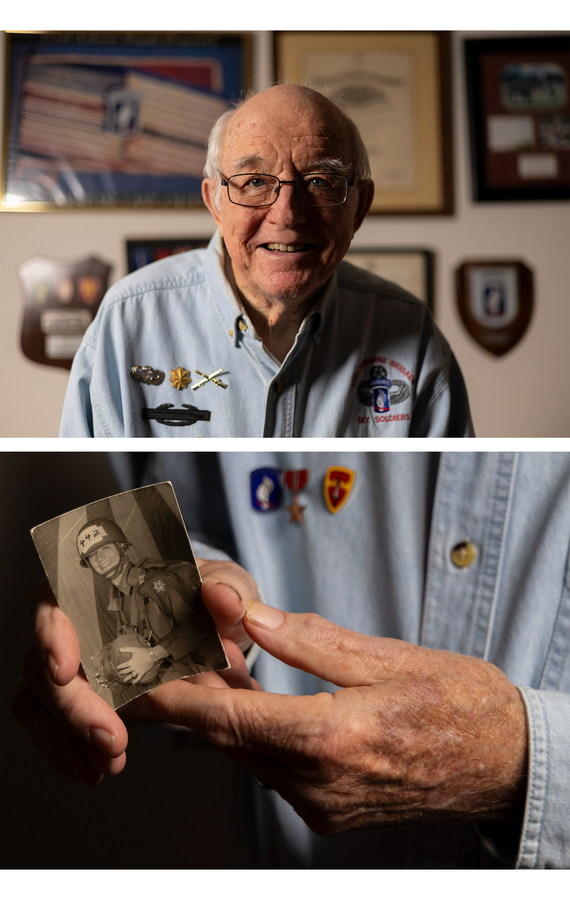 Top: Robert Getz, 82, of Elgin, is a Vietnam Army veteran. Getz said his exposure to herbicides like Agent Orange while serving likely led to his prostate cancer diagnosis. Bottom: Getz, 82, holds a photo of himself taken after his first parachute jump in Army training with the 173rd Airborne Brigade. Getz originally sent the photo to his mother and found it in her purse years later after she died. (Dominic Di Palermo/Chicago Tribune)