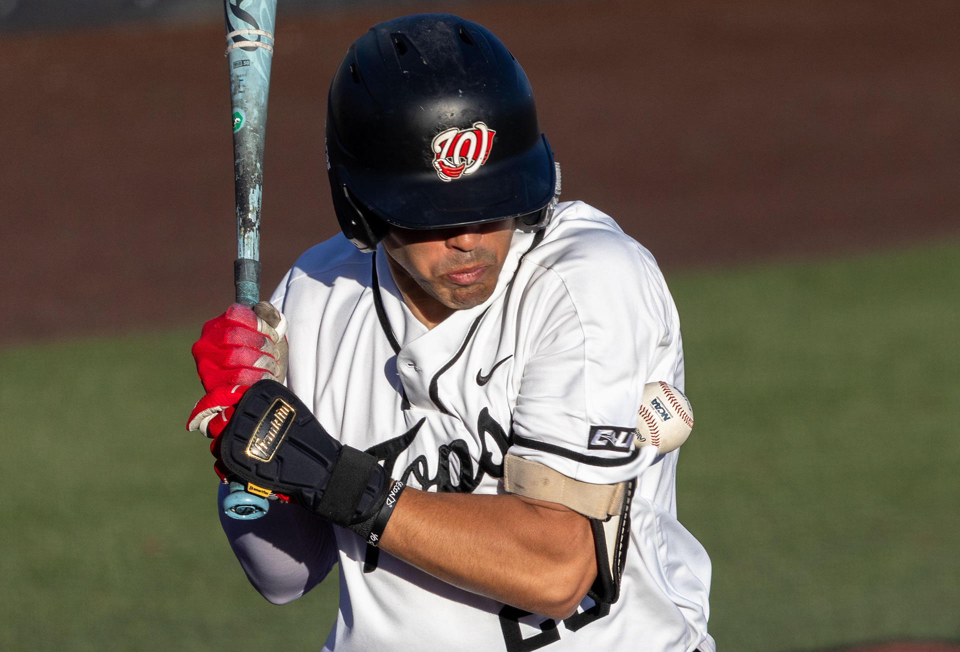 Western Kentucky University infielder Carlos Vasquez gets hit by a pitch during a game against Southern Illinois University at Nick Denes Field on Tuesday, March 11, 2025. WKU won 21-2. 