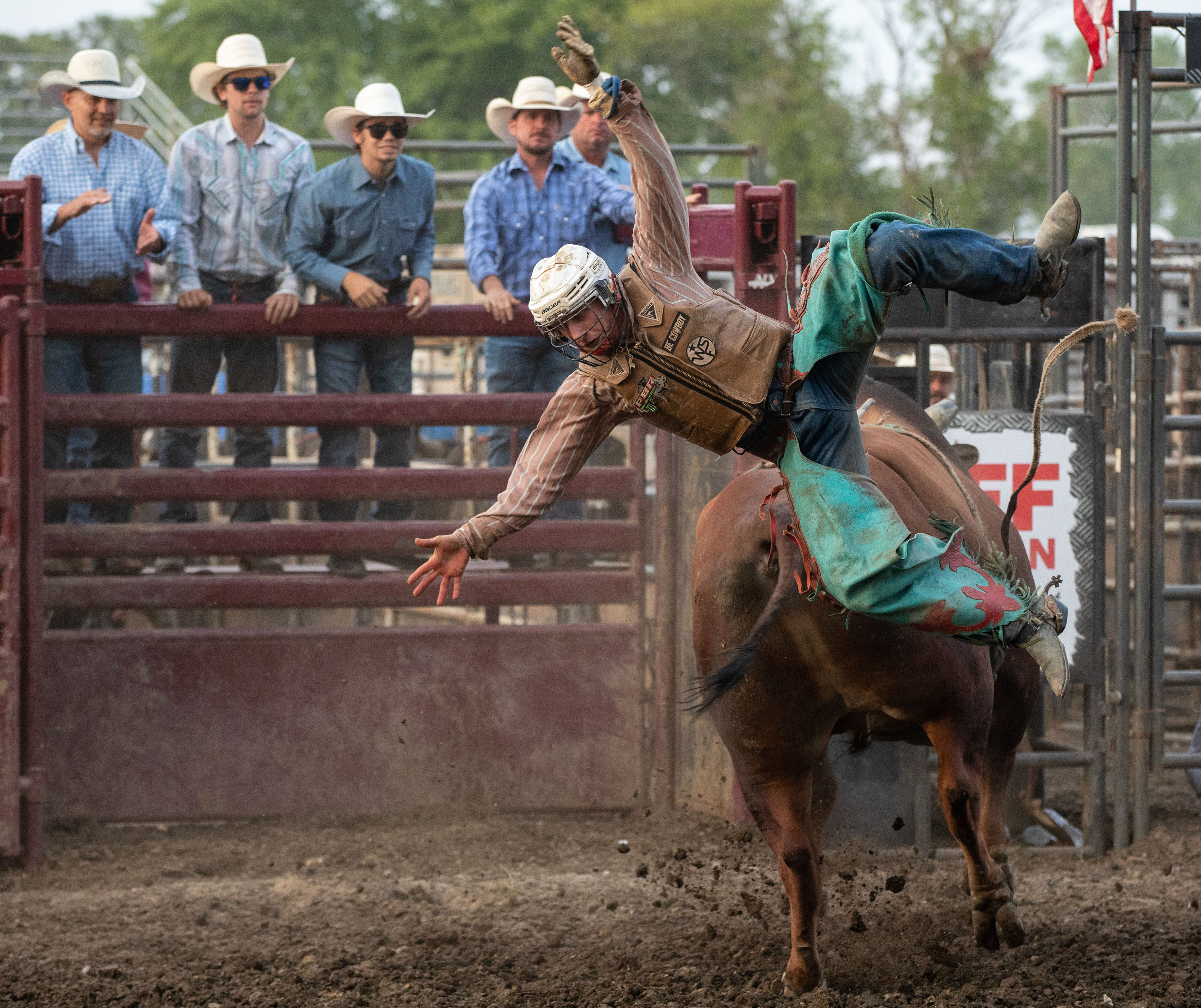 Christian Cox gets bucked off of a bull during the Tuff Hedeman Tour at the 75th Anniversary of the McHenry County Fair in Woodstock, Ill. on Friday, Aug. 4, 2023. 