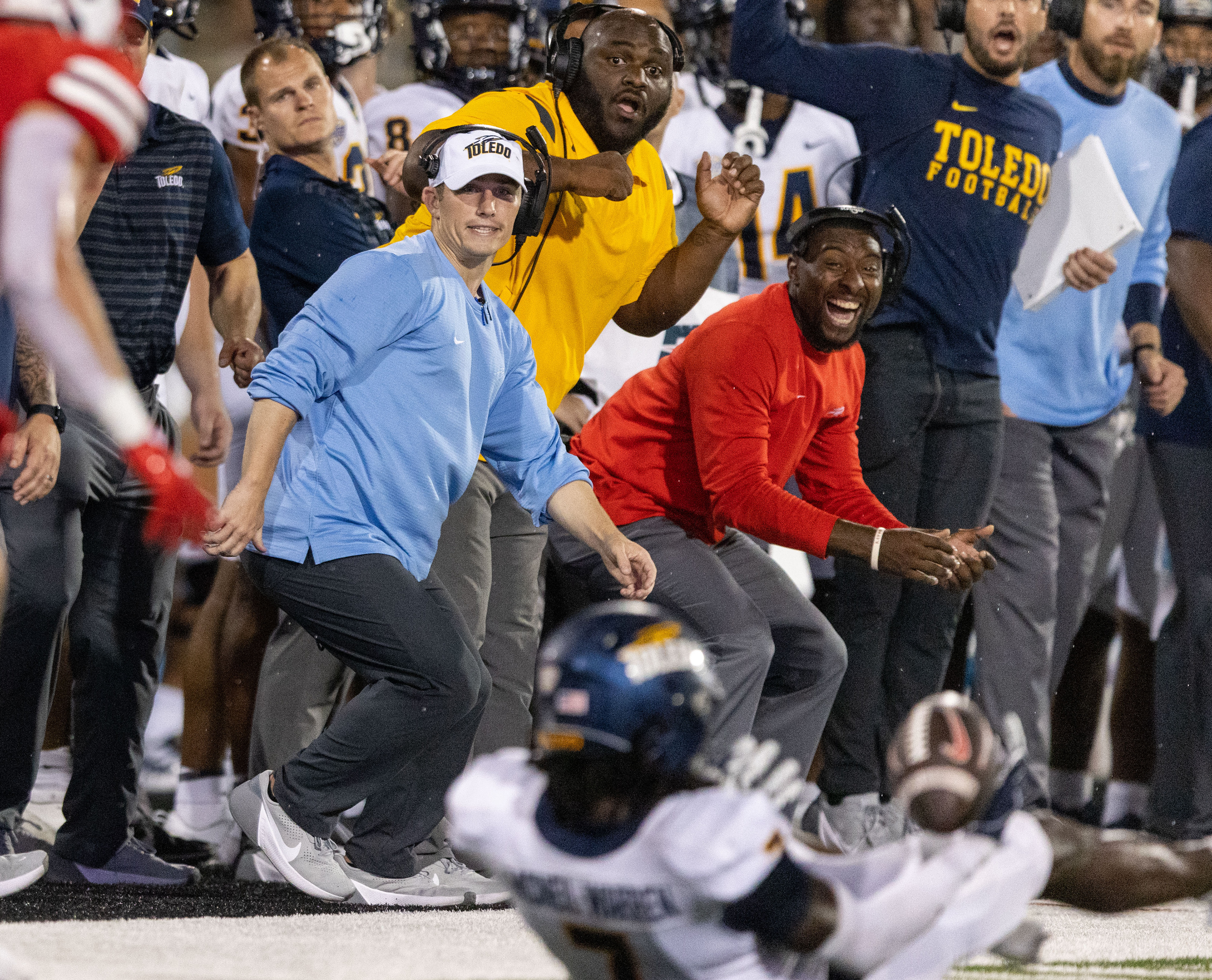 The University of Toledo sideline celebrates what looked like an interception during a game against Western Kentucky University at L.T. Smith Stadium in Bowling Green, Ky. on Saturday, Sept. 21, 2024. 