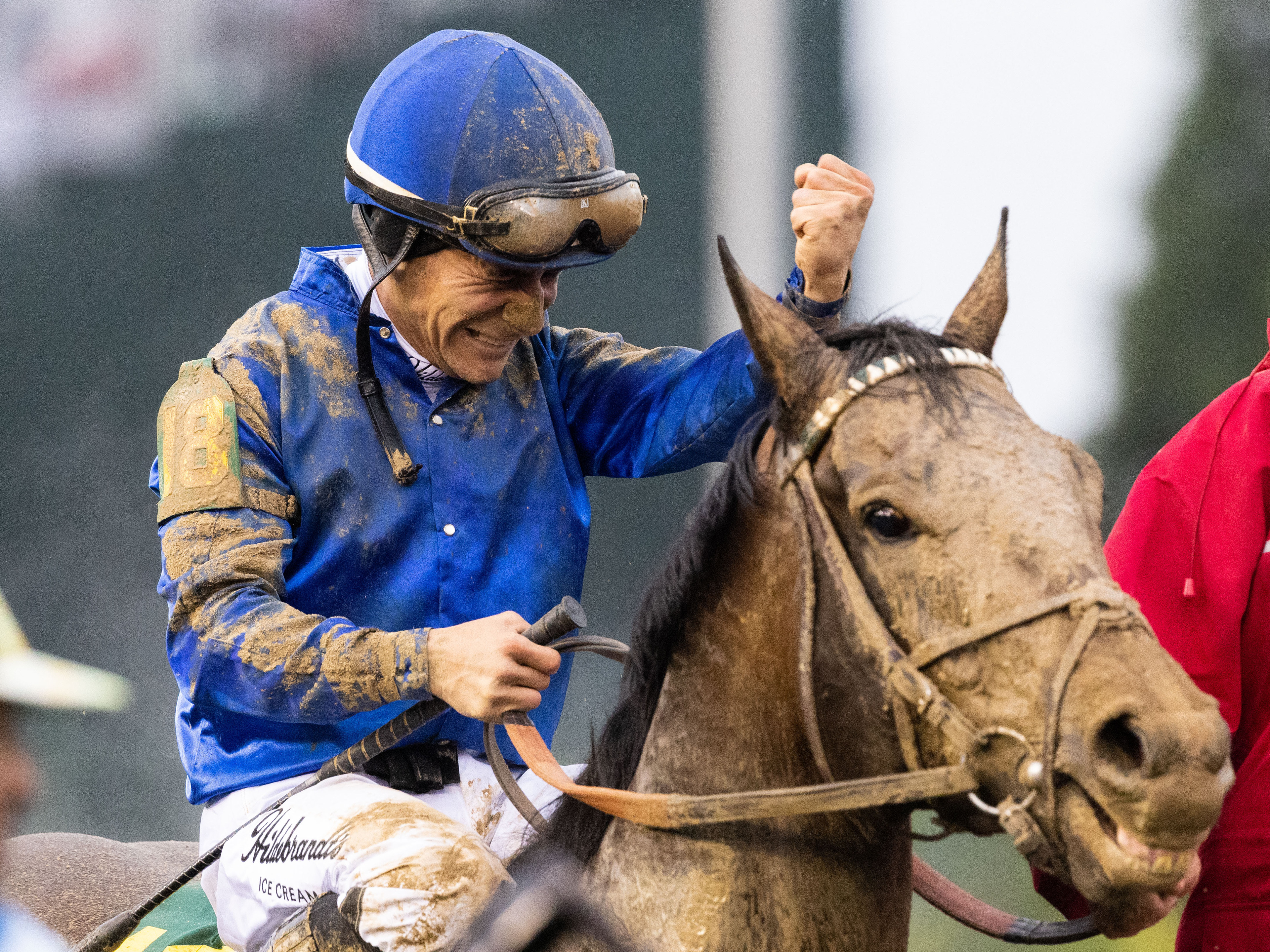 Jockey Junior Alvarado celebrates his win with horse Sovereignty who he rode to victory in the 151st running of the Kentucky Derby horse race at Churchill Downs in Louisville, Kentucky on Saturday, May 3, 2025. 
