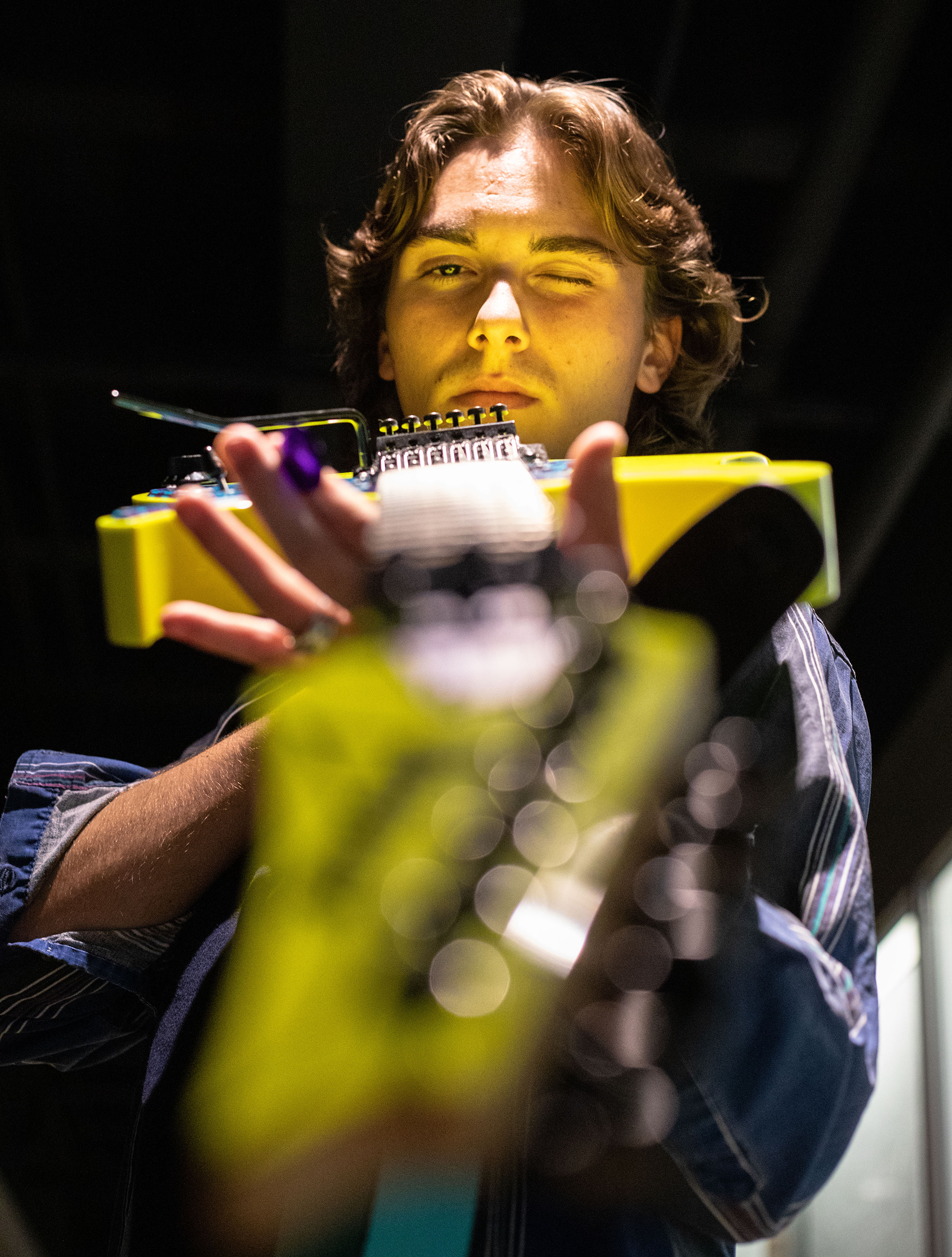  Ford has played the electric guitar for five years and also plays the trumpet for WKU’s marching band. “I like the sound of it (the guitar) compared to other instruments,” said sophomore Lukas Ford. “I like the aesthetic. You can really have some crazy looking guitars, you can have your own sound, your own look, it’s very you.” Photographed in WKU’s Fine Arts Center on Thursday, Oct. 19, 2023.