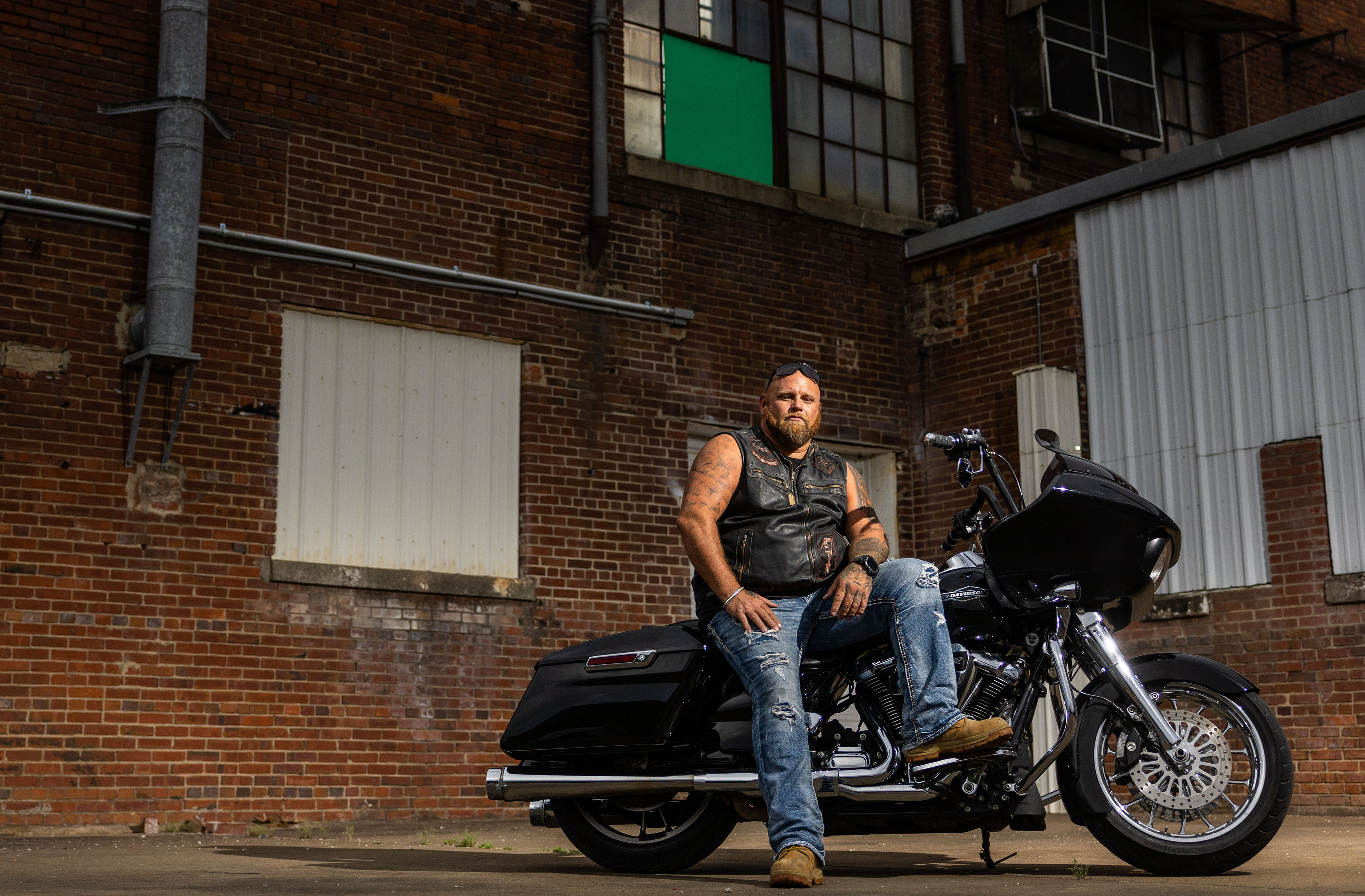 “Ever since they’ve known me, I always had my sunglasses on,” said Grim Reaper member Jason Fisher, 43, of Glasgow, Kentucky. Fisher was raised a Mennonite but no longer practices and now drives trucks and rides motorcycles. 