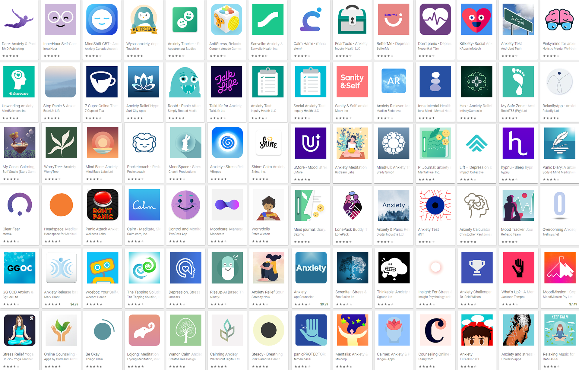 An image of most of the anxiety apps in the Google play store.