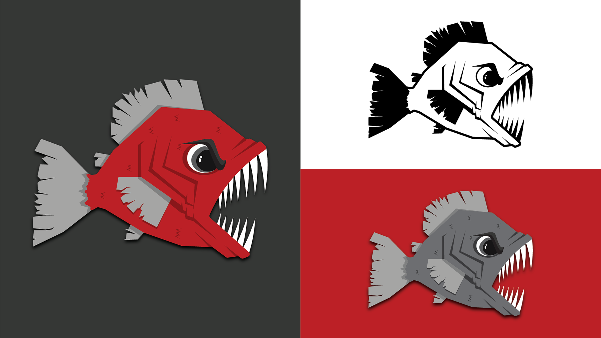 Three color versions of a cartoon piranha