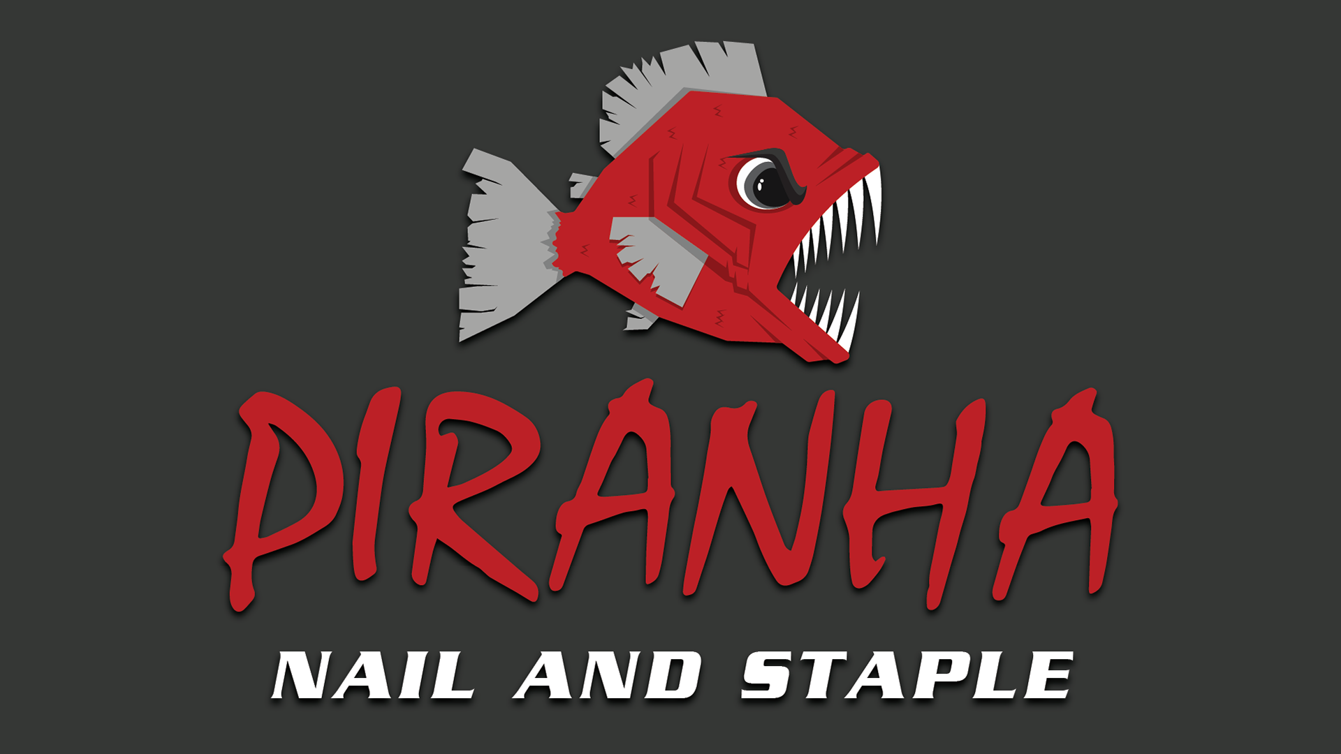 Cartoon of a red piranha over company name