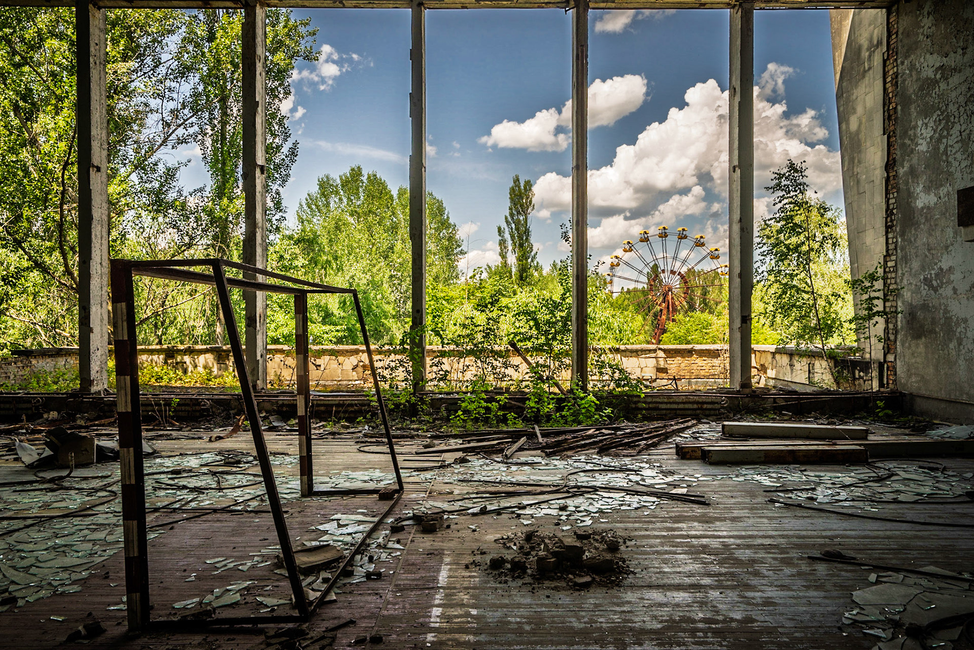 The Pripyat indoor sport center with a view to the amusment park.