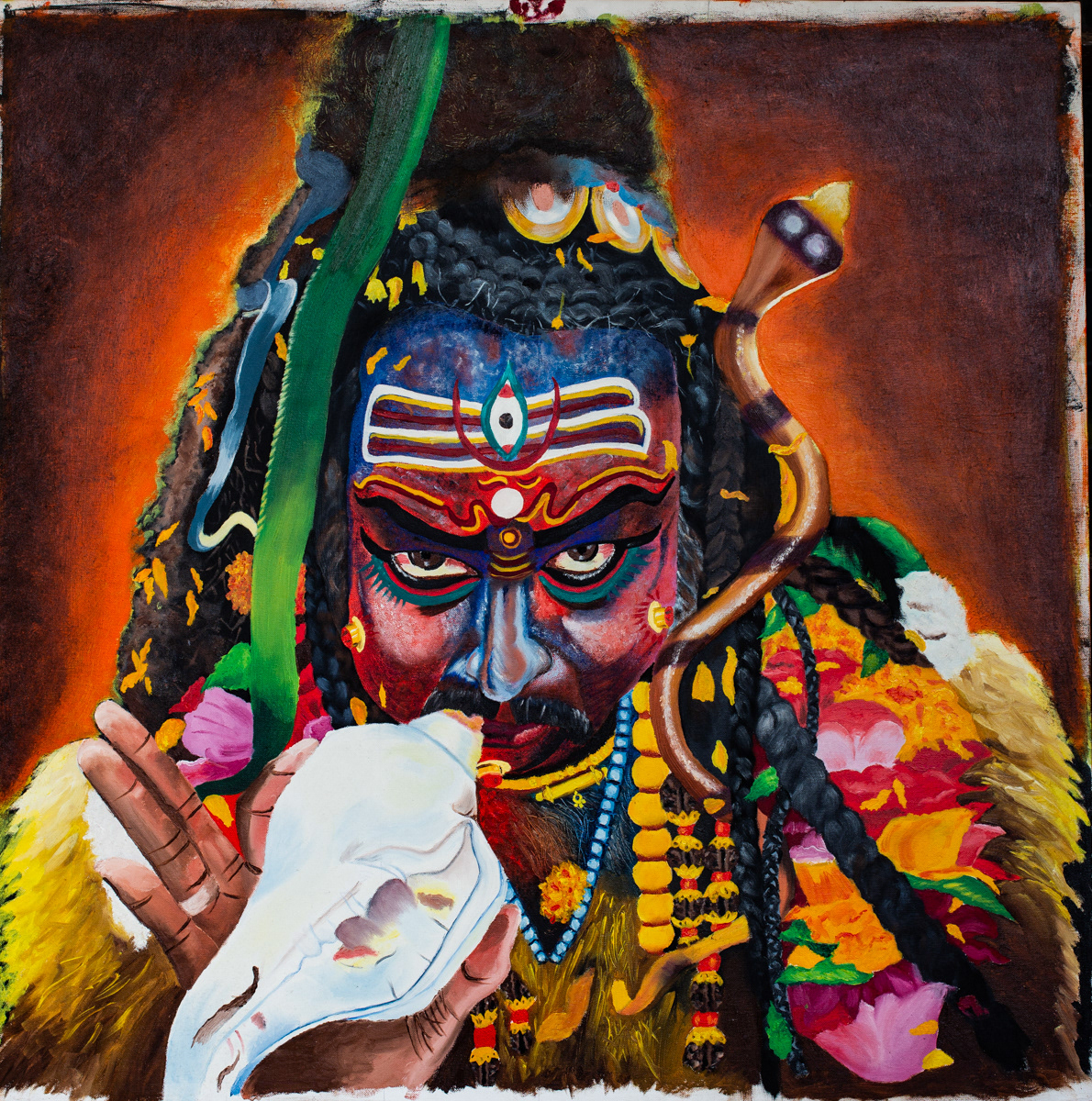There is a very interesting story behind this painting. I saw this image on my photographer friend's Facebook and it impressed me so much that I decided to paint on canvas. When I took persmission from that friend, he told me that he had only last camera battery left while shooting a festival in a place called Pushkar, Rajashtan, India. And the same battery was also about to drain off. My friend was walking in the crowd and that time a man decked up as Shiva suddenly came just in front of him and he immediately captured this expression. And, yes, that was his last picture of that trip and that battery fully drained off after taking this pic and the camera got shut down. He told me that, looks like this picture was taken only for you to paint. I am so blessed. Lord Shiva is called Aadi Yogi. He loves everyone and protects everyone. Though he looks fierce but he is very loving. These fierce eyes will always keep a watch on any evils coming towards you and they will destroy it. This Rudra Swaroop of Shiva is blowing a conch to ward off evils in your life. Bring him home.There is a very interesting story behind this painting. I saw this image on my photographer friend's Facebook and it impressed me so much that I decided to paint on canvas. When I took persmission from that friend, he told me that he had only last camera battery left while shooting a festival in a place called Pushkar, Rajashtan, India. And the same battery was also about to drain off. My friend was walking in the crowd and that time a man decked up as Shiva suddenly came just in front of him and he immediately captured this expression. And, yes, that was his last picture of that trip and that battery fully drained off after taking this pic and the camera got shut down. He told me that, looks like this picture was taken only for you to paint. I am so blessed. Lord Shiva is called Aadi Yogi. He loves everyone and protects everyone. Though he looks fierce but he is very loving. These fierce eyes will always keep a watch on any evils coming towards you and they will destroy it. This Rudra Swaroop of Shiva is blowing a conch to ward off evils in your life. Bring him home.There is a very interesting story behind this painting. I saw this image on my photographer friend's Facebook and it impressed me so much that I decided to paint on canvas. When I took persmission from that friend, he told me that he had only last camera battery left while shooting a festival in a place called Pushkar, Rajashtan, India. And the same battery was also about to drain off. My friend was walking in the crowd and that time a man decked up as Shiva suddenly came just in front of him and he immediately captured this expression. And, yes, that was his last picture of that trip and that battery fully drained off after taking this pic and the camera got shut down. He told me that, looks like this picture was taken only for you to paint. I am so blessed. Lord Shiva is called Aadi Yogi. He loves everyone and protects everyone. Though he looks fierce but he is very loving. These fierce eyes will always keep a watch on any evils coming towards you and they will destroy it. This Rudra Swaroop of Shiva is blowing a conch to ward off evils in your life. Bring him home.There is a very interesting story behind this painting. I saw this image on my photographer friend's Facebook and it impressed me so much that I decided to paint on canvas. When I took persmission from that friend, he told me that he had only last camera battery left while shooting a festival in a place called Pushkar, Rajashtan, India. And the same battery was also about to drain off. My friend was walking in the crowd and that time a man decked up as Shiva suddenly came just in front of him and he immediately captured this expression. And, yes, that was his last picture of that trip and that battery fully drained off after taking this pic and the camera got shut down. He told me that, looks like this picture was taken only for you to paint. I am so blessed. Lord Shiva is called Aadi Yogi. He loves everyone and protects everyone. Though he looks fierce but he is very loving. These fierce eyes will always keep a watch on any evils coming towards you and they will destroy it. This Rudra Swaroop of Shiva is blowing a conch to ward off evils in your life. Bring him home.There is a very interesting story behind this painting. I saw this image on my photographer friend's Facebook and it impressed me so much that I decided to paint on canvas. When I took persmission from that friend, he told me that he had only last camera battery left while shooting a festival in a place called Pushkar, Rajashtan, India. And the same battery was also about to drain off. My friend was walking in the crowd and that time a man decked up as Shiva suddenly came just in front of him and he immediately captured this expression. And, yes, that was his last picture of that trip and that battery fully drained off after taking this pic and the camera got shut down. He told me that, looks like this picture was taken only for you to paint. I am so blessed. Lord Shiva is called Aadi Yogi. He loves everyone and protects everyone. Though he looks fierce but he is very loving. These fierce eyes will always keep a watch on any evils coming towards you and they will destroy it. This Rudra Swaroop of Shiva is blowing a conch to ward off evils in your life. Bring him home.There is a very interesting story behind this painting. I saw this image on my photographer friend's Facebook and it impressed me so much that I decided to paint on canvas. When I took persmission from that friend, he told me that he had only last camera battery left while shooting a festival in a place called Pushkar, Rajashtan, India. And the same battery was also about to drain off. My friend was walking in the crowd and that time a man decked up as Shiva suddenly came just in front of him and he immediately captured this expression. And, yes, that was his last picture of that trip and that battery fully drained off after taking this pic and the camera got shut down. He told me that, looks like this picture was taken only for you to paint. I am so blessed. Lord Shiva is called Aadi Yogi. He loves everyone and protects everyone. Though he looks fierce but he is very loving. These fierce eyes will always keep a watch on any evils coming towards you and they will destroy it. This Rudra Swaroop of Shiva is blowing a conch to ward off evils in your life. Bring him home.There is a very interesting story behind this painting. I saw this image on my photographer friend's Facebook and it impressed me so much that I decided to paint on canvas. When I took persmission from that friend, he told me that he had only last camera battery left while shooting a festival in a place called Pushkar, Rajashtan, India. And the same battery was also about to drain off. My friend was walking in the crowd and that time a man decked up as Shiva suddenly came just in front of him and he immediately captured this expression. And, yes, that was his last picture of that trip and that battery fully drained off after taking this pic and the camera got shut down. He told me that, looks like this picture was taken only for you to paint. I am so blessed. Lord Shiva is called Aadi Yogi. He loves everyone and protects everyone. Though he looks fierce but he is very loving. These fierce eyes will always keep a watch on any evils coming towards you and they will destroy it. This Rudra Swaroop of Shiva is blowing a conch to ward off evils in your life. Bring him home.