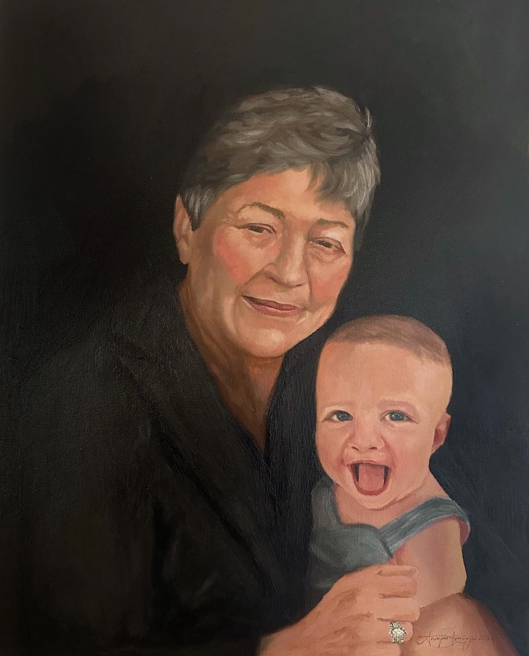 Grandmother and grandson photoshopped together and painted onto canvas with oil paint