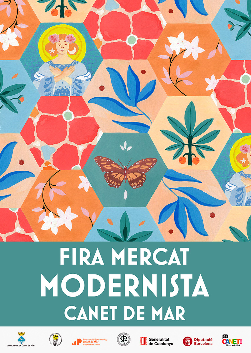 Cartel Fira Mercat Modernista de Canet de Mar pintado a mano con acuarelas por Maria del Mar Bonilla: con rajolas modernistas inspirado en Lluís Domench i Montaer para anunciar la Feria con carteles y banderas en campaña de comunicación visual para el pueblo. El estilo es personal de autora, lleno de color, motivos florales y un ángel inspirado en el que pintó Lluís Domech creando un efecto visual bonito y llamativo lleno de alegría, color y orden en figuras geométricas. Las banderas las cuelgan cada año el Ayuntamiento de Canet para anunciar la feria y avisar al municipio. 
