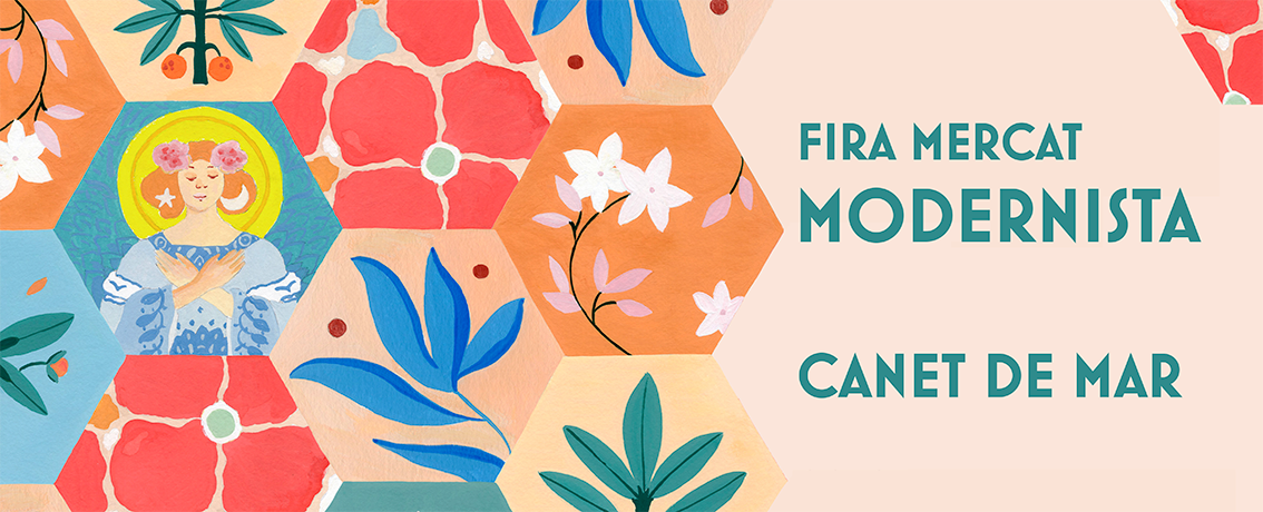 Cabecera web de la Fira Mercat Modernista de Canet de Mar pintado a mano por la ilustradora Maria del Mar Bonilla con acurelas: lleno de color y  motivos florales que dan una sensación de alegría y festividad