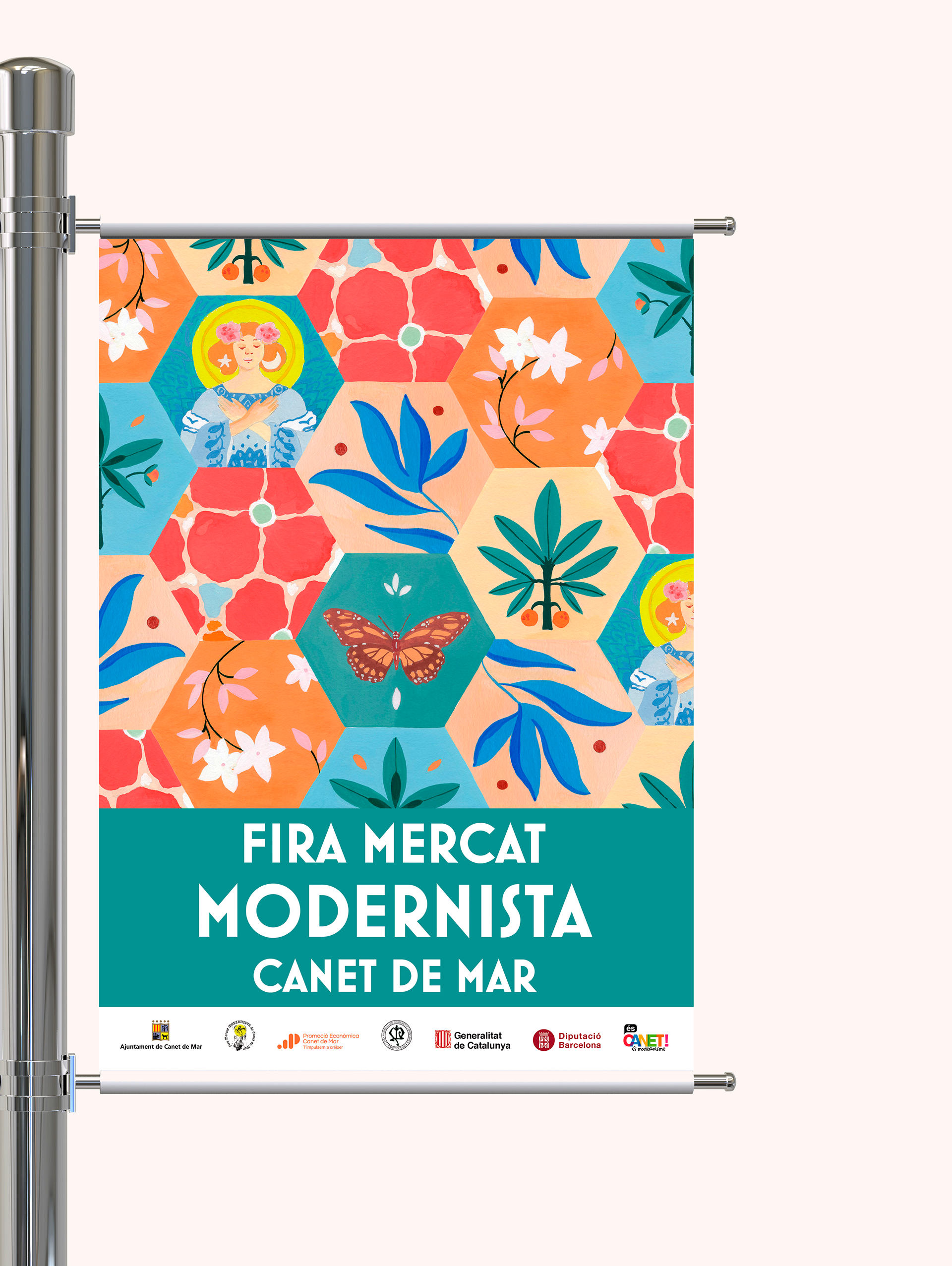 Bandera de Cartel Fira Mercat Modernista de Canet de Mar,  ilustrado por Maria del Mar Bonilla con acuarelas