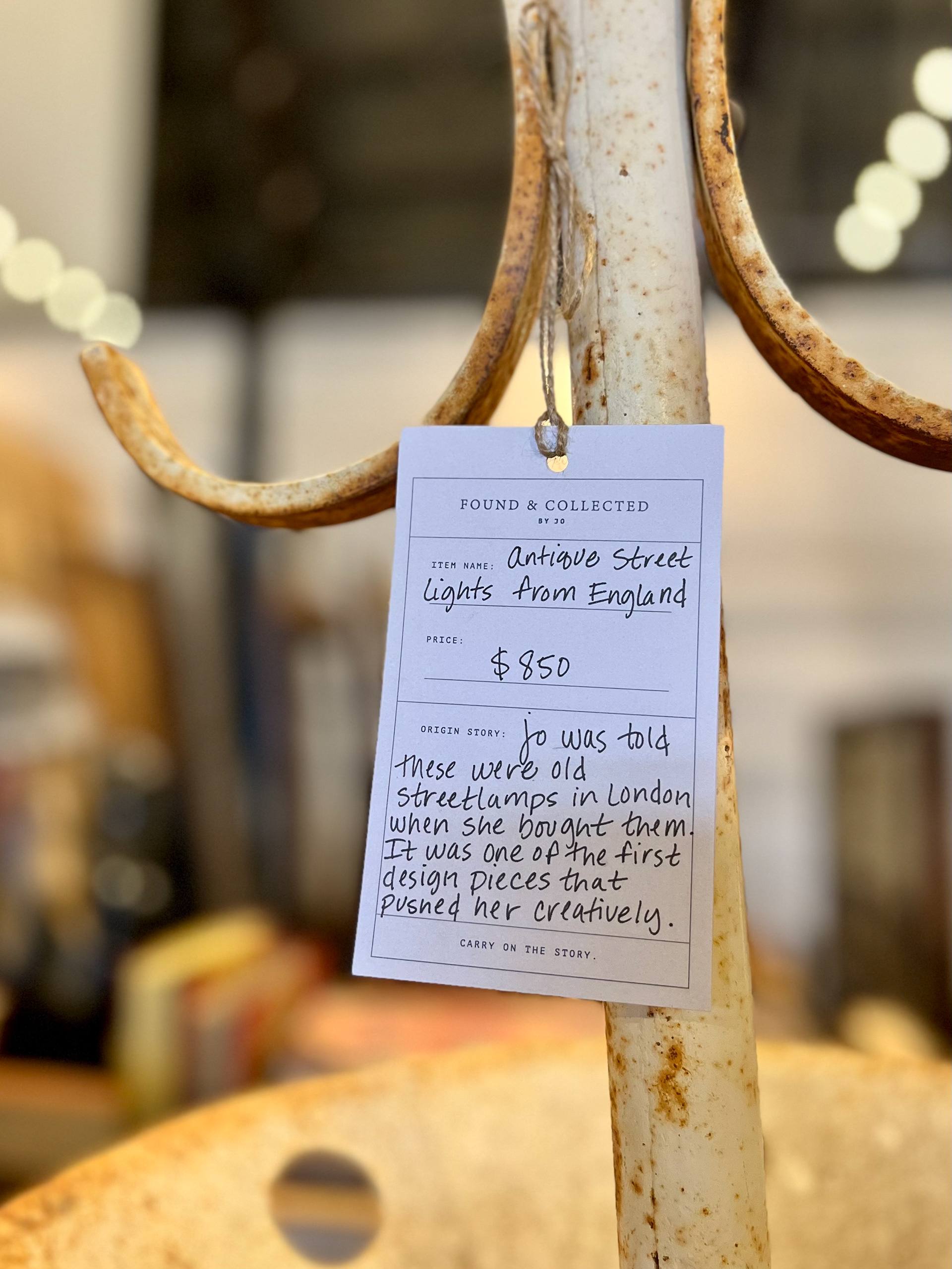 Price and story tag design for Jo's antique pieces