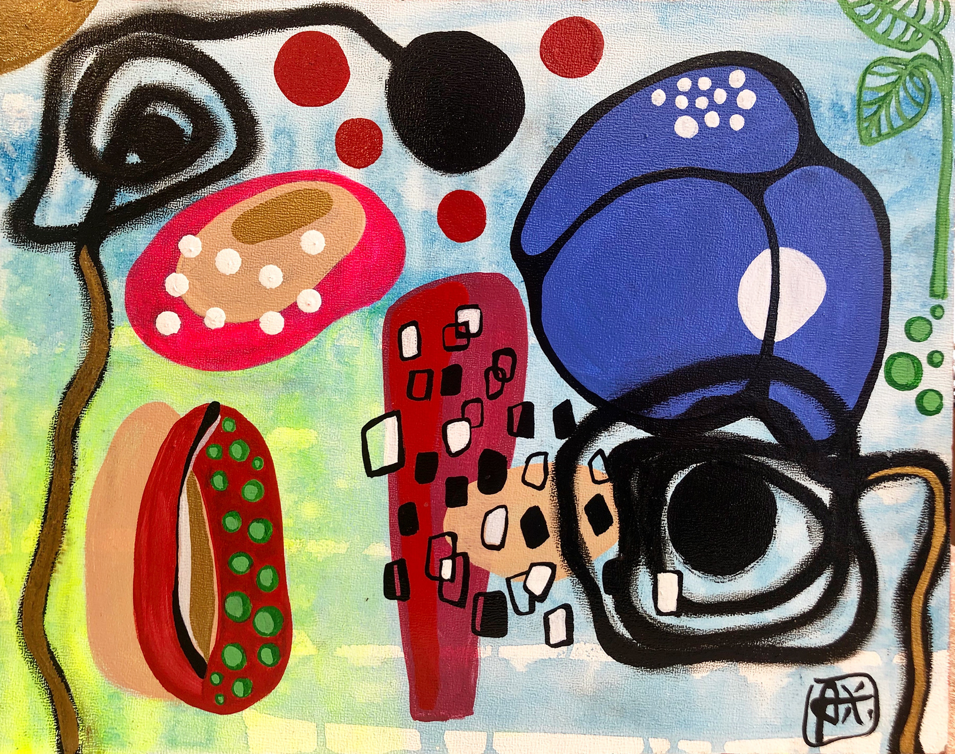 I”LL BE AROUND Acrylic, enamel & oil stick on wood 12” X 16”