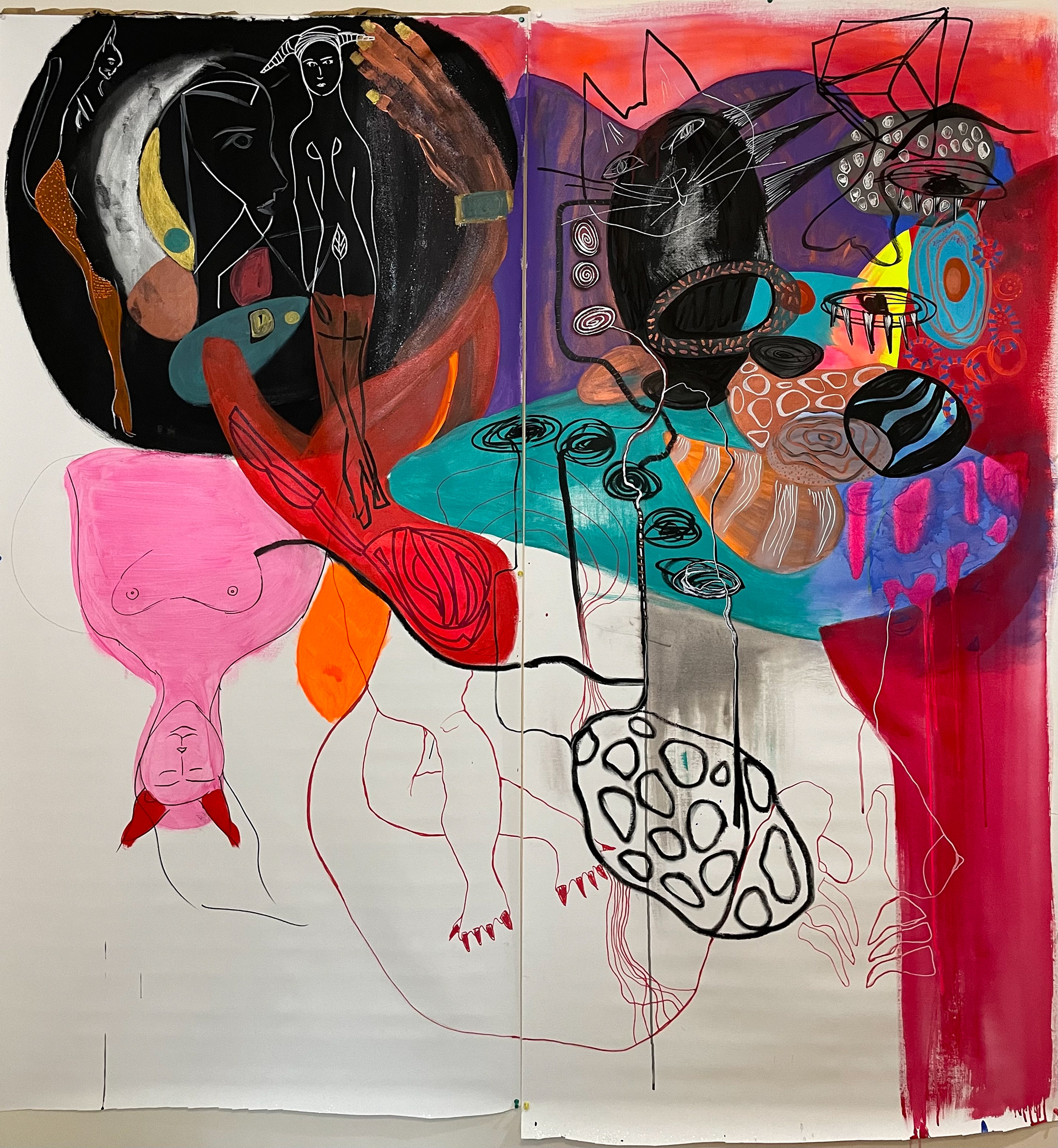 LE CHAT Diptych Collaboration  Acrylic on canvas  72” X 72” 