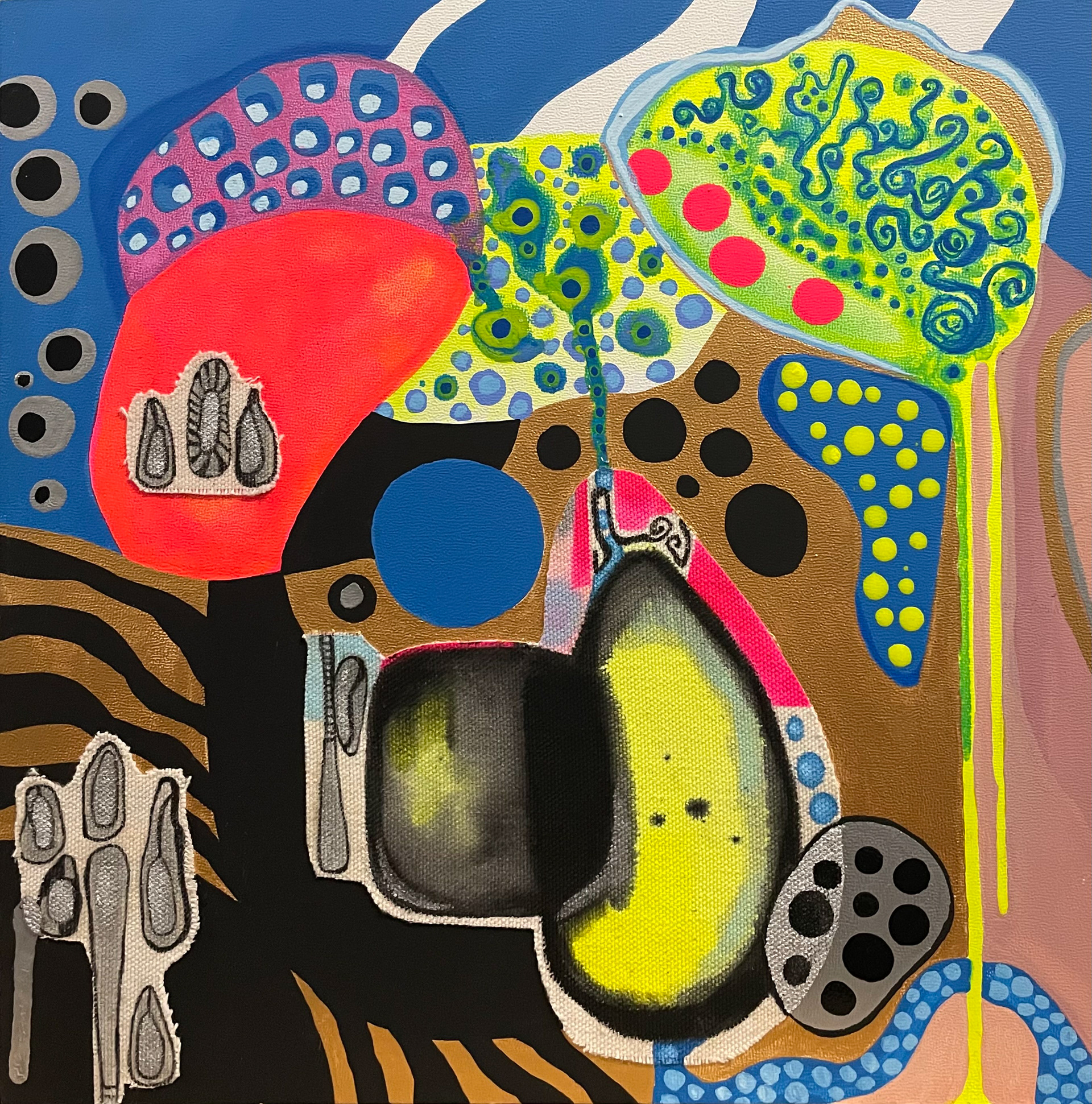 AQUATIC Acrylic, enamel, charcoal & collage on wood 12” X 12”