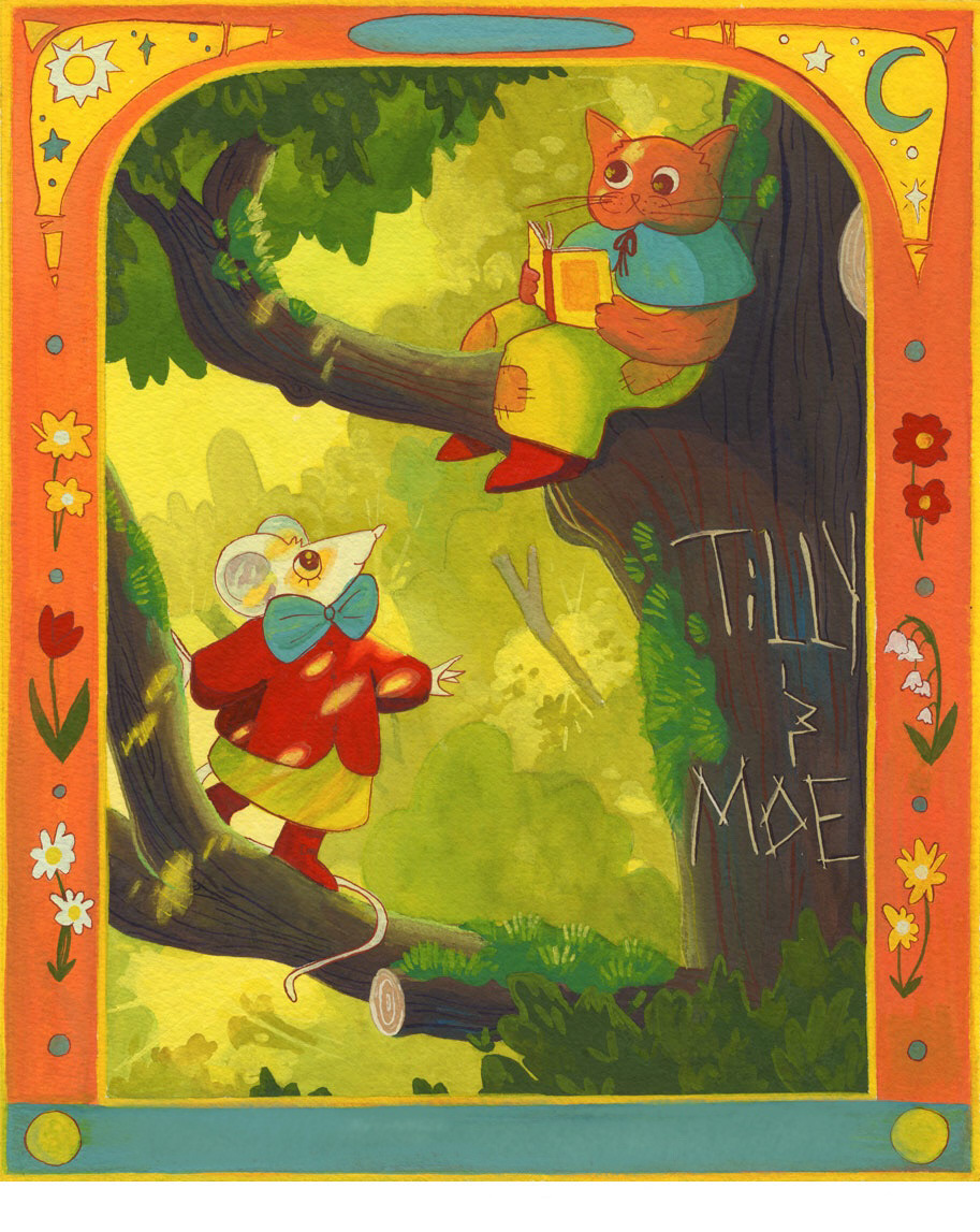 Tilly and Moe, mock book cover, gouache on cold press