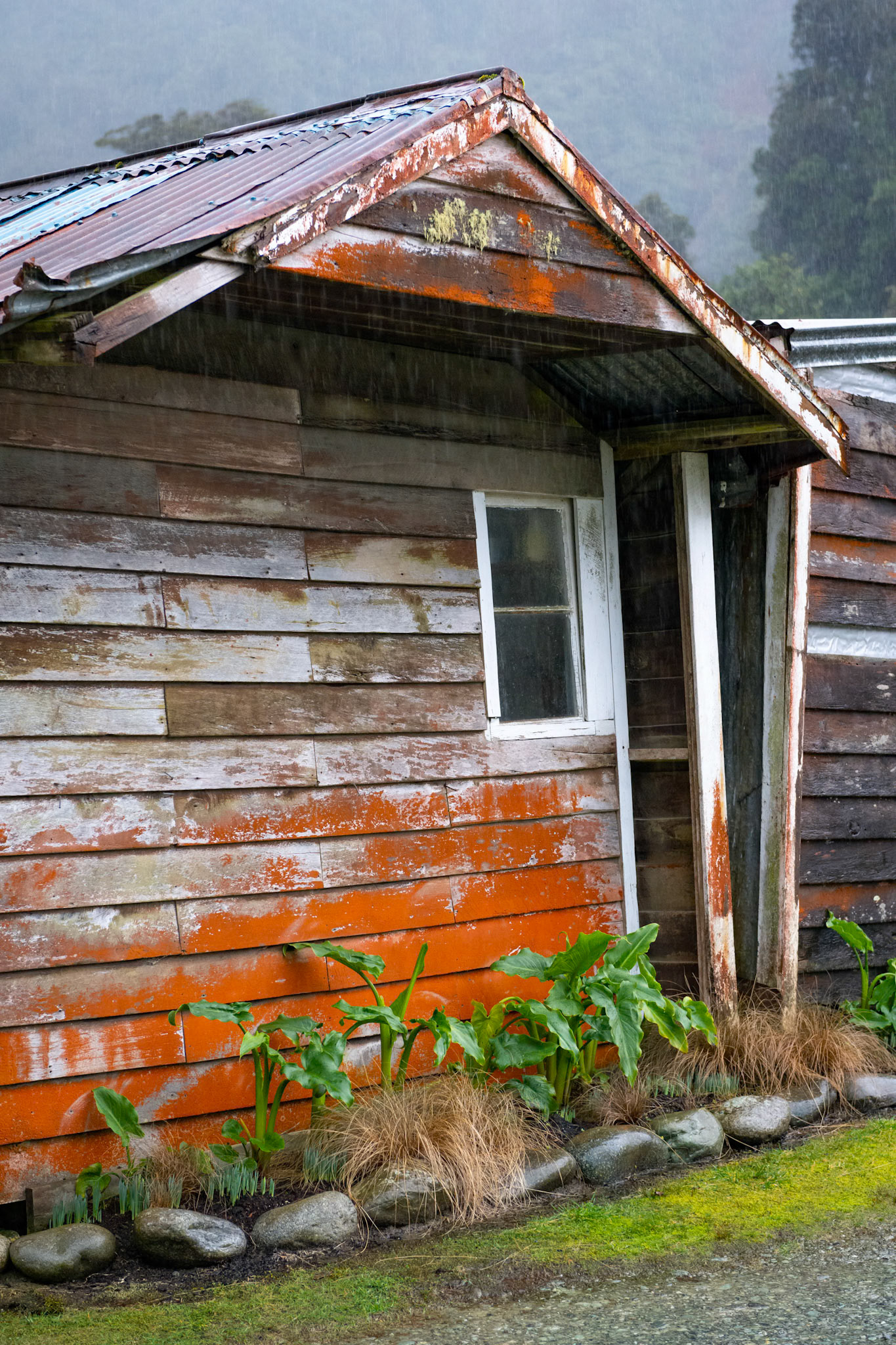 A building crooked and falling apart from age in Gunns Camp, Fiordland.