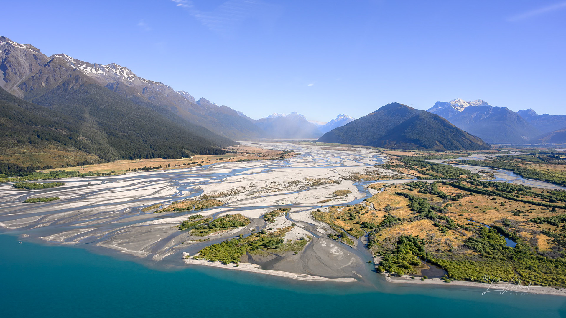 Flying over Lake Wakatipu, looking up the Dart River mouth.
