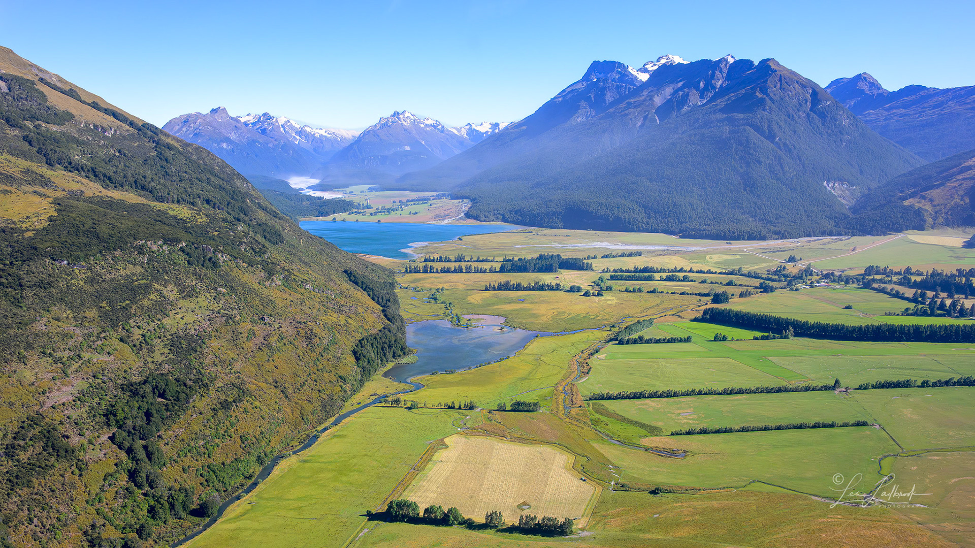 Lake Reid in the foreground, Diamond Lake further up, the Earnslaw Burn valley entrance on the far right.