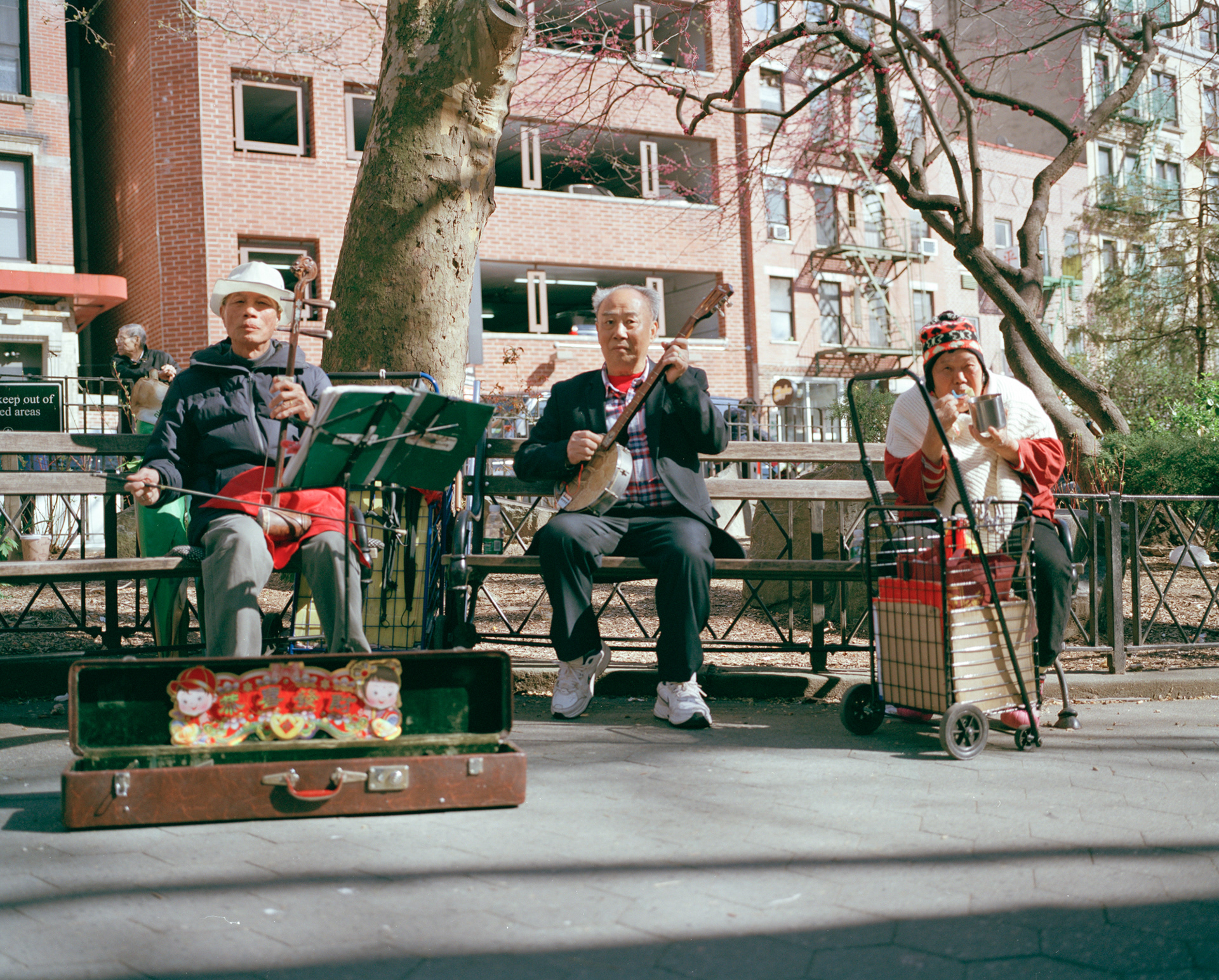 Columbus Park // Two musicians play their instruments while an energetic elderly woman eats her lunch (2019)