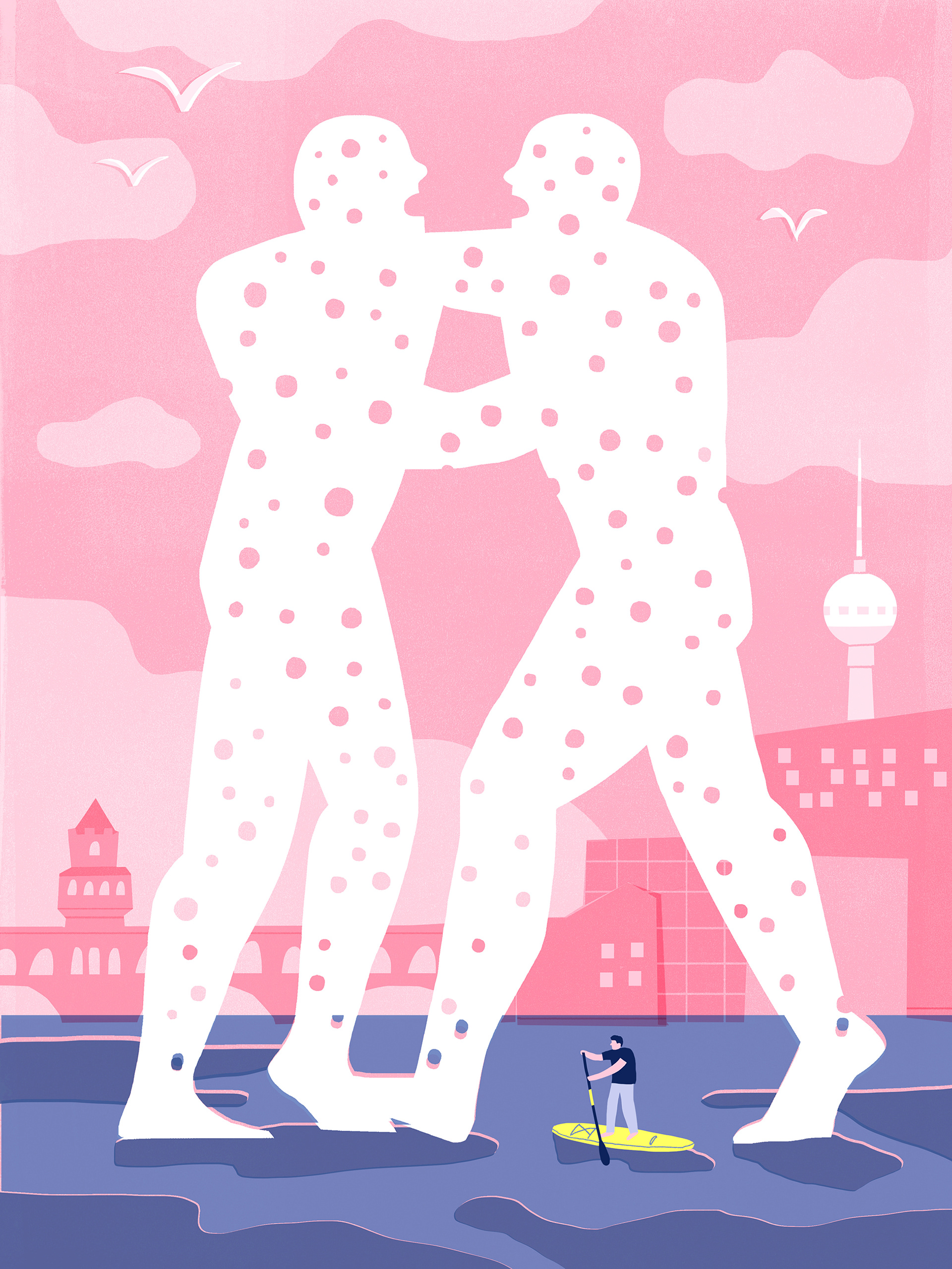 Retro style editorial illustration of a famous Berlin landmark - Molecule Man