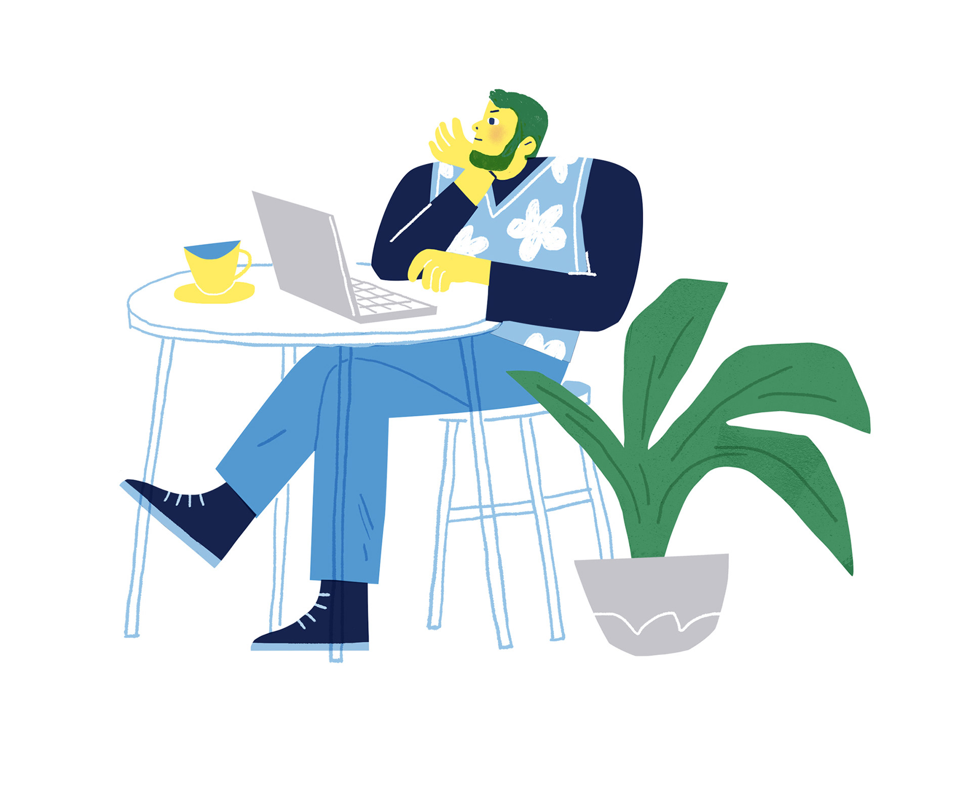 Editorial illustration of a freelancer sitting in a cafe
