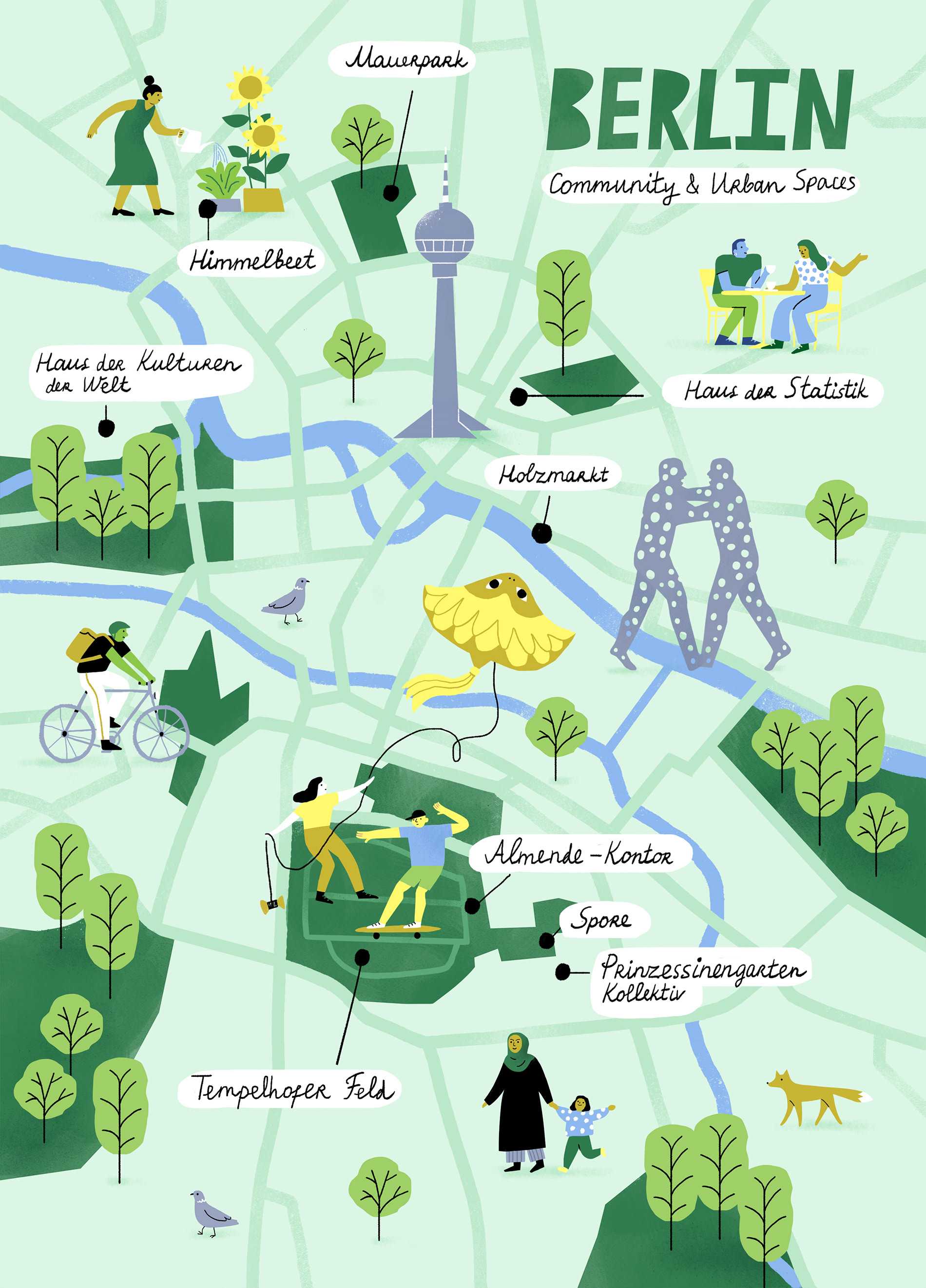 Illustrated map of Berlin showcasing community and urban spaces by freelance illustrator Katia Gaigalova