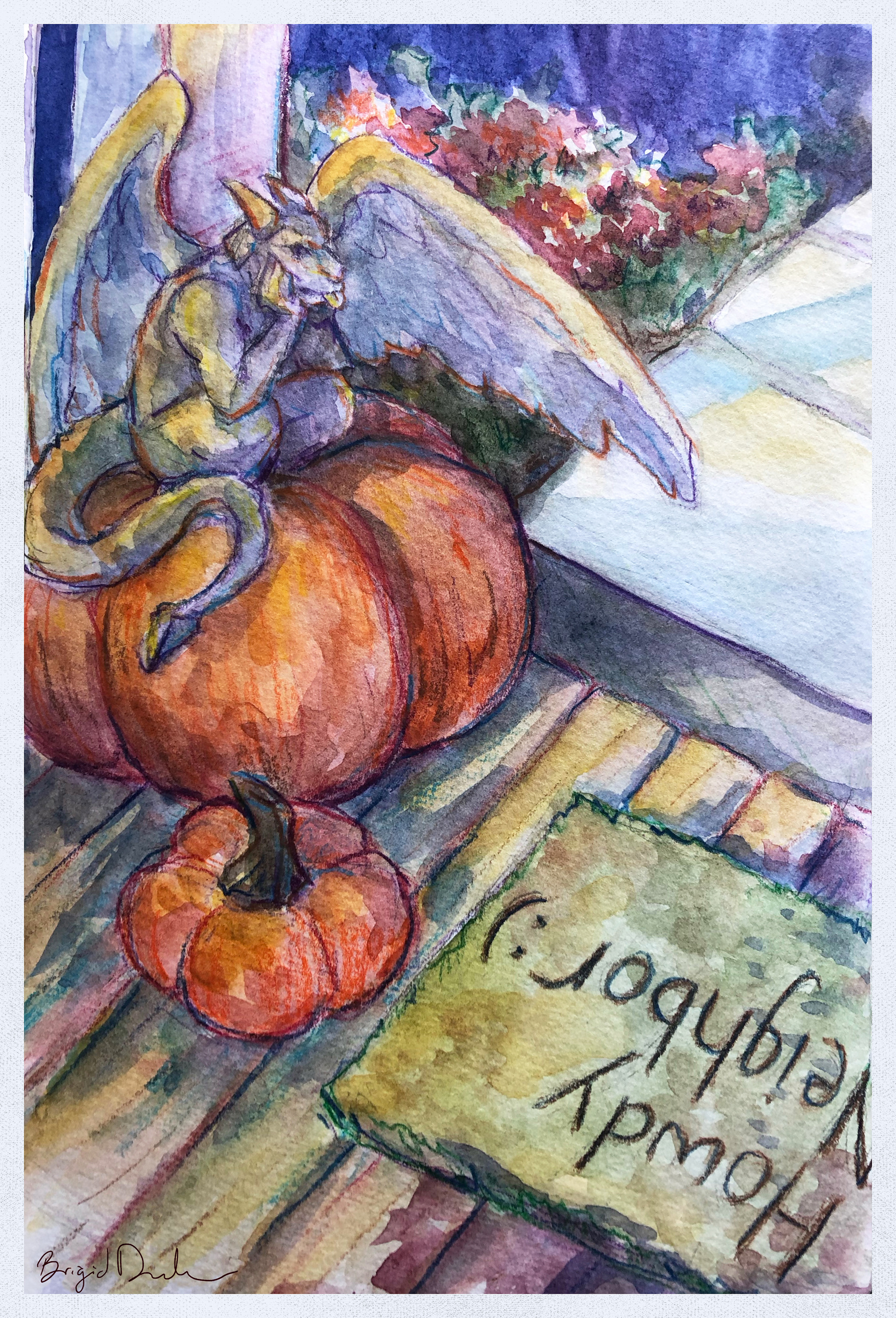 Pumpkin Gargoyle: Watercolor & Color Pencil 5 x 8 in.