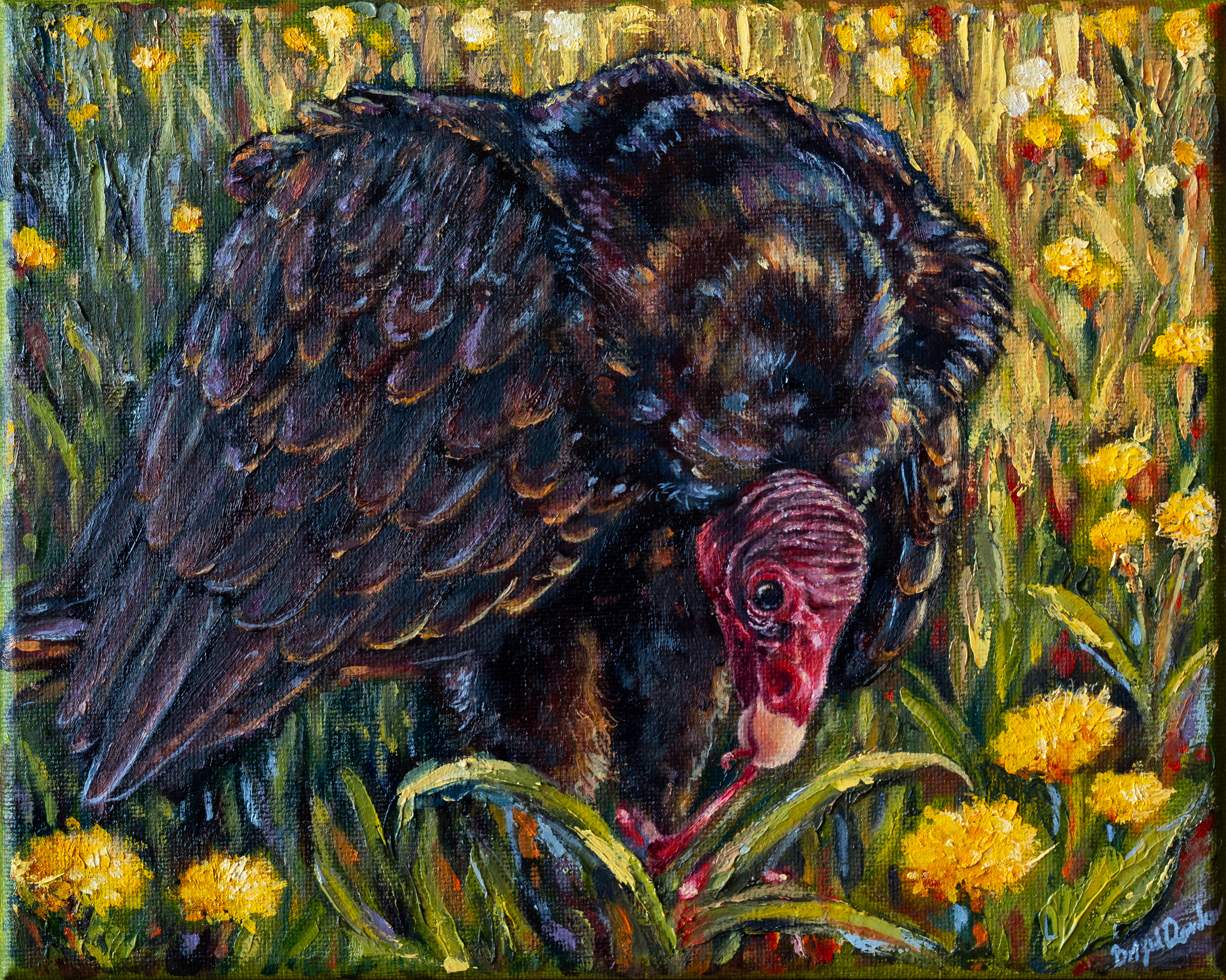 Vulture in a Meadow: Oil Paint on Canvas 10 x 8 in.
