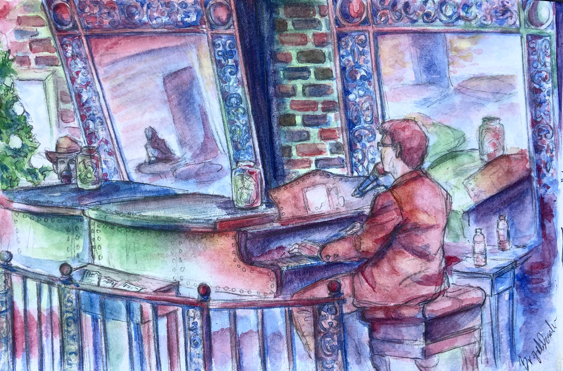 Piano Bar: Watercolor and Pencil