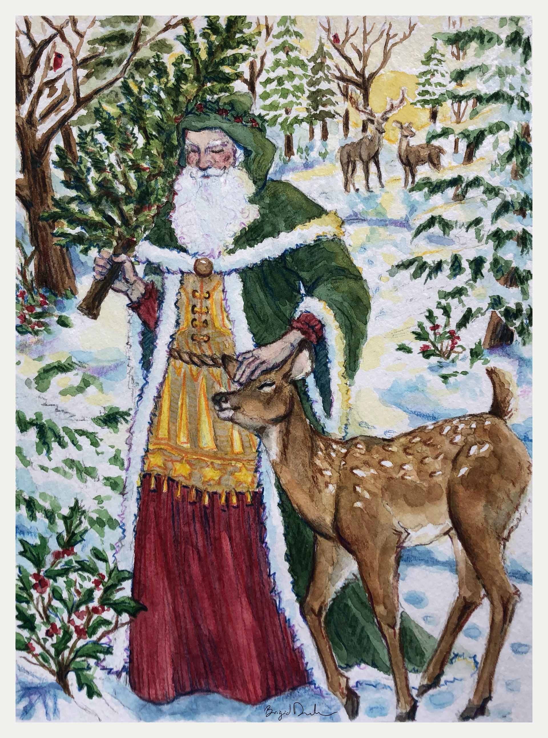 Santa with the Fawn: Watercolor & Color Pencil 8 x 11 in.