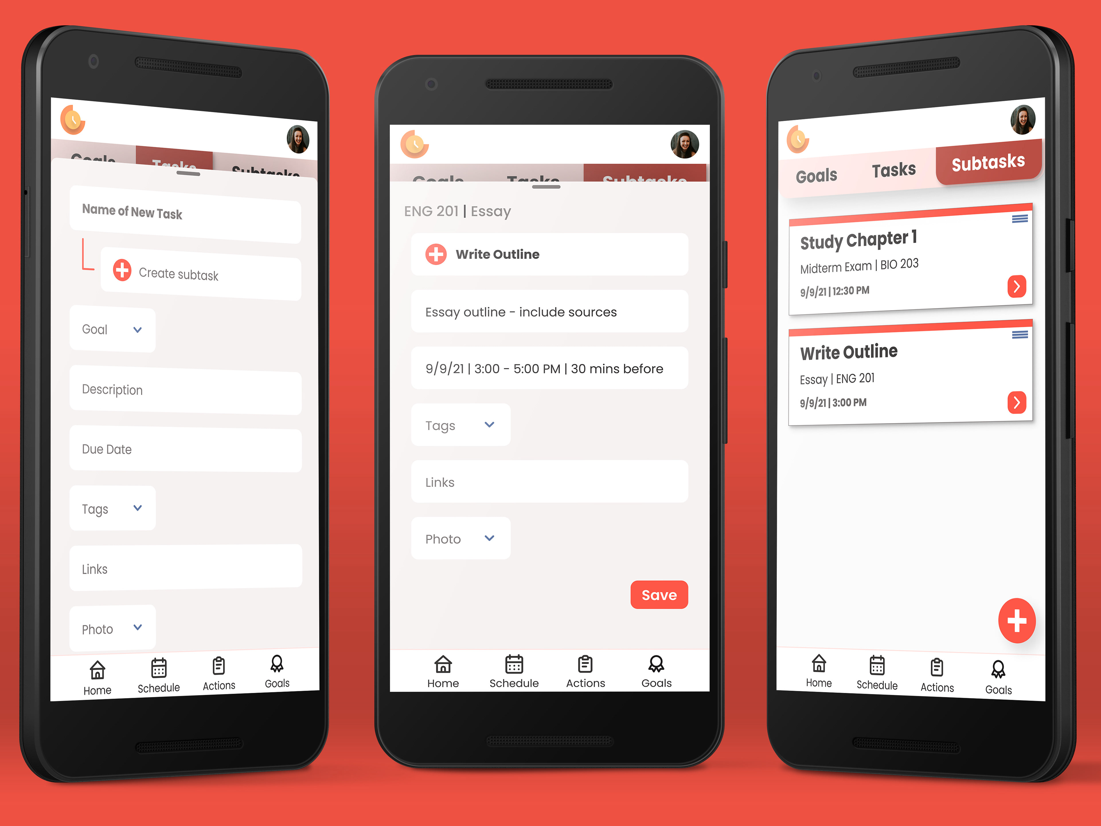 3 Nexus 5X phone screens, with Goalden Hour mockups on the screens, on a dark orange background.