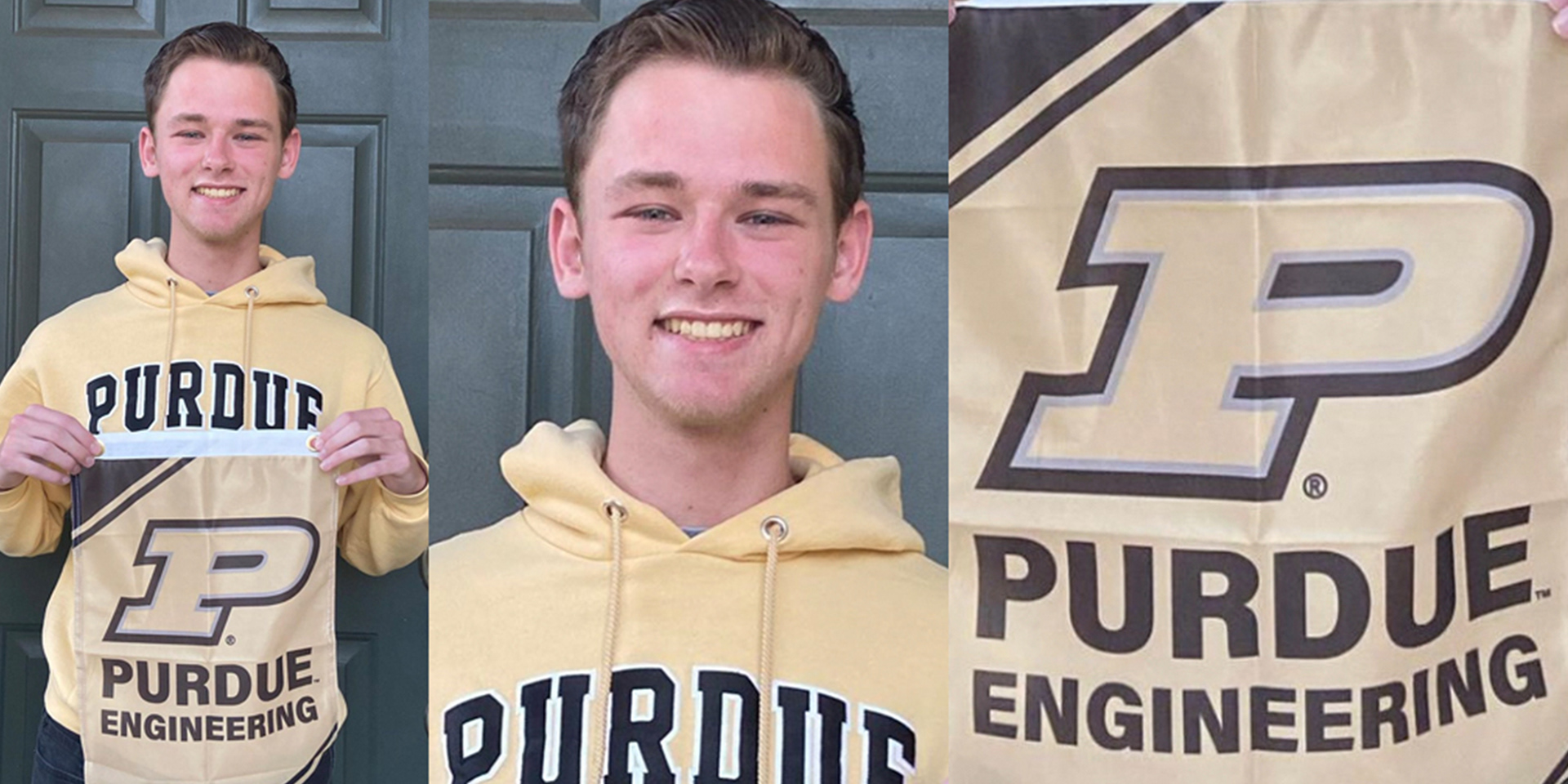 Newly Admitted Purdue Engineering Student with Banner Flag