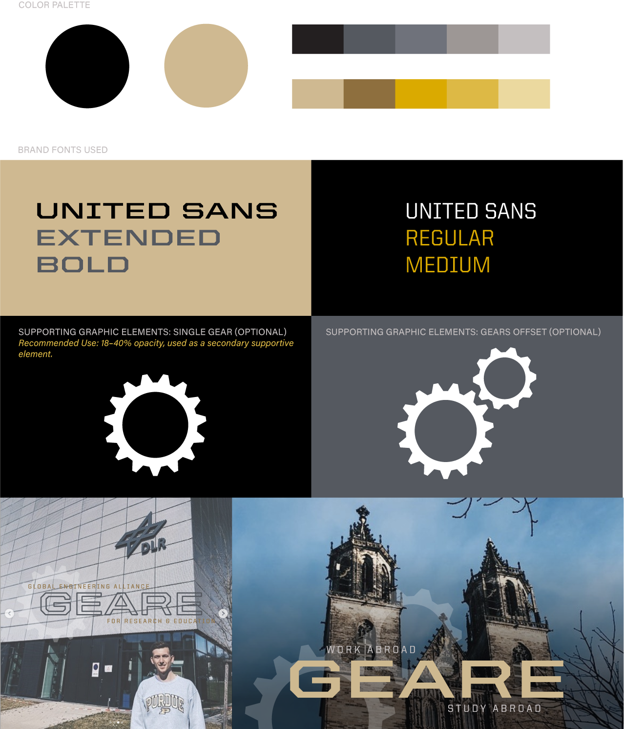 GEARE style guide including fonts, supporting gear graphics, colors, and examples