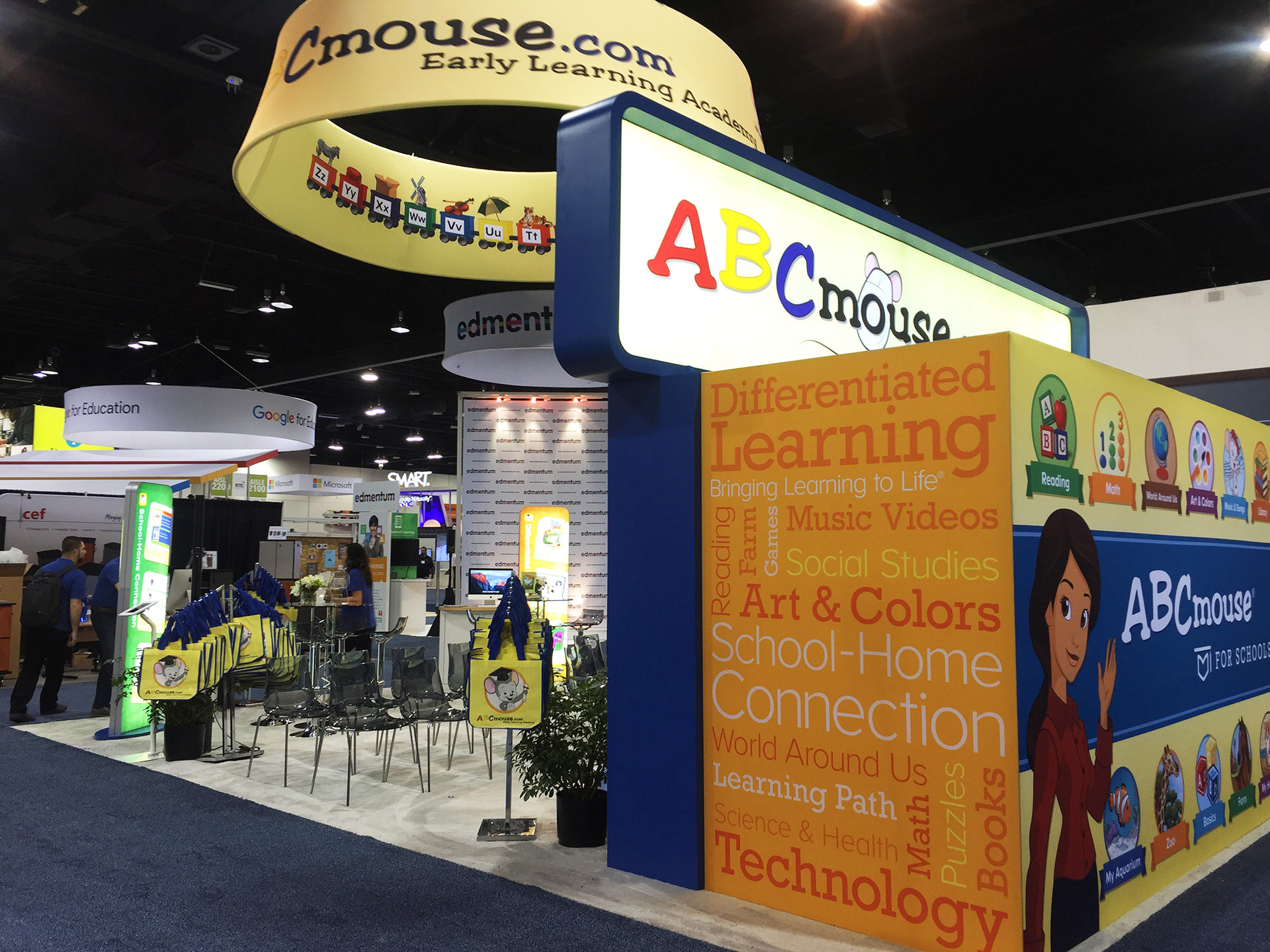 LED BACK-LIT BOOTH, BRANDED PANELS, DYE-SUB HANGING SIGN