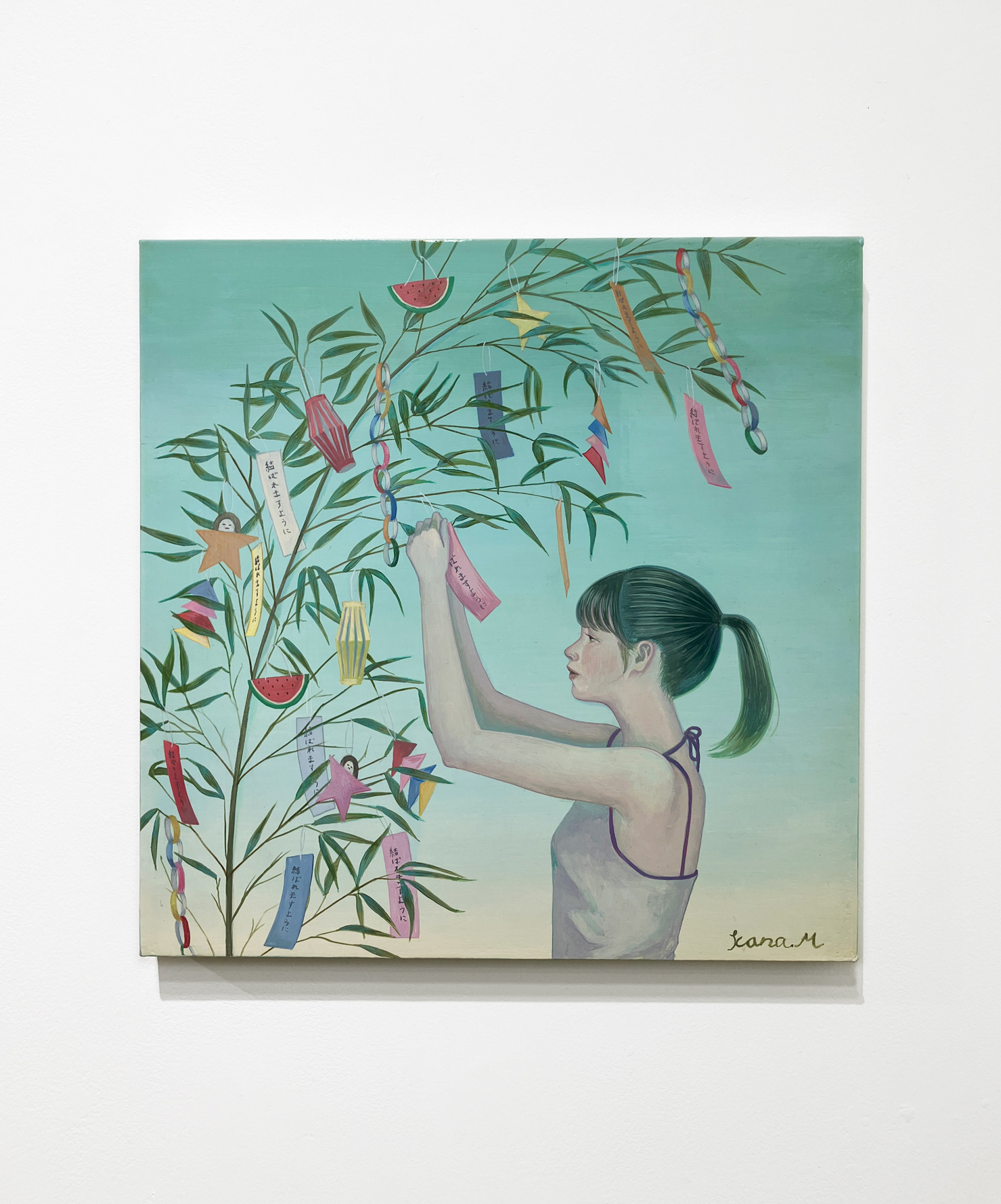 25. 宮本香那 『ねがいごと』 / 木製パネル、綿布、アクリル絵の具 / 27.3×27.3cm / 2024 / ¥64,000