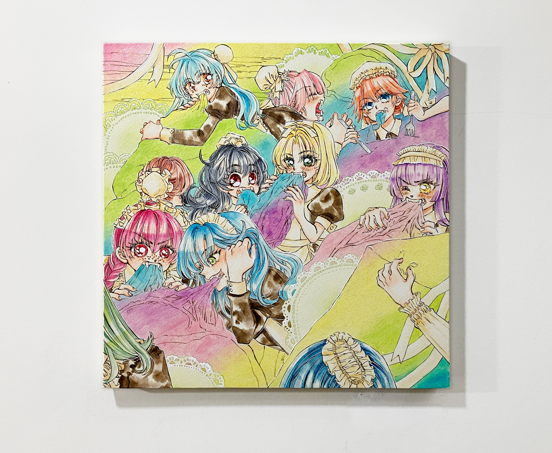 a. 宮野かおり 『美味しいお肉（They are not looking at me.）』 / ワトソン紙、カラーインク、色鉛筆、アクリル絵具、ペン、ホワイト / 30×30cm / 2022 / ¥66,000