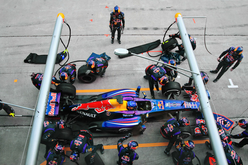 SEPANG, MALAYSIA - MARCH 24: Sebastian Vettel, winner of 2013 F1 Petronas Malaysian Grand Prix does a pit stop at Sepang International Circuit on March 24, 2013 in Sepang, Malaysia