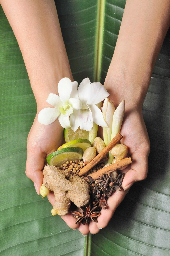 Handfull of herbs, spices and flower used in spa treatment.