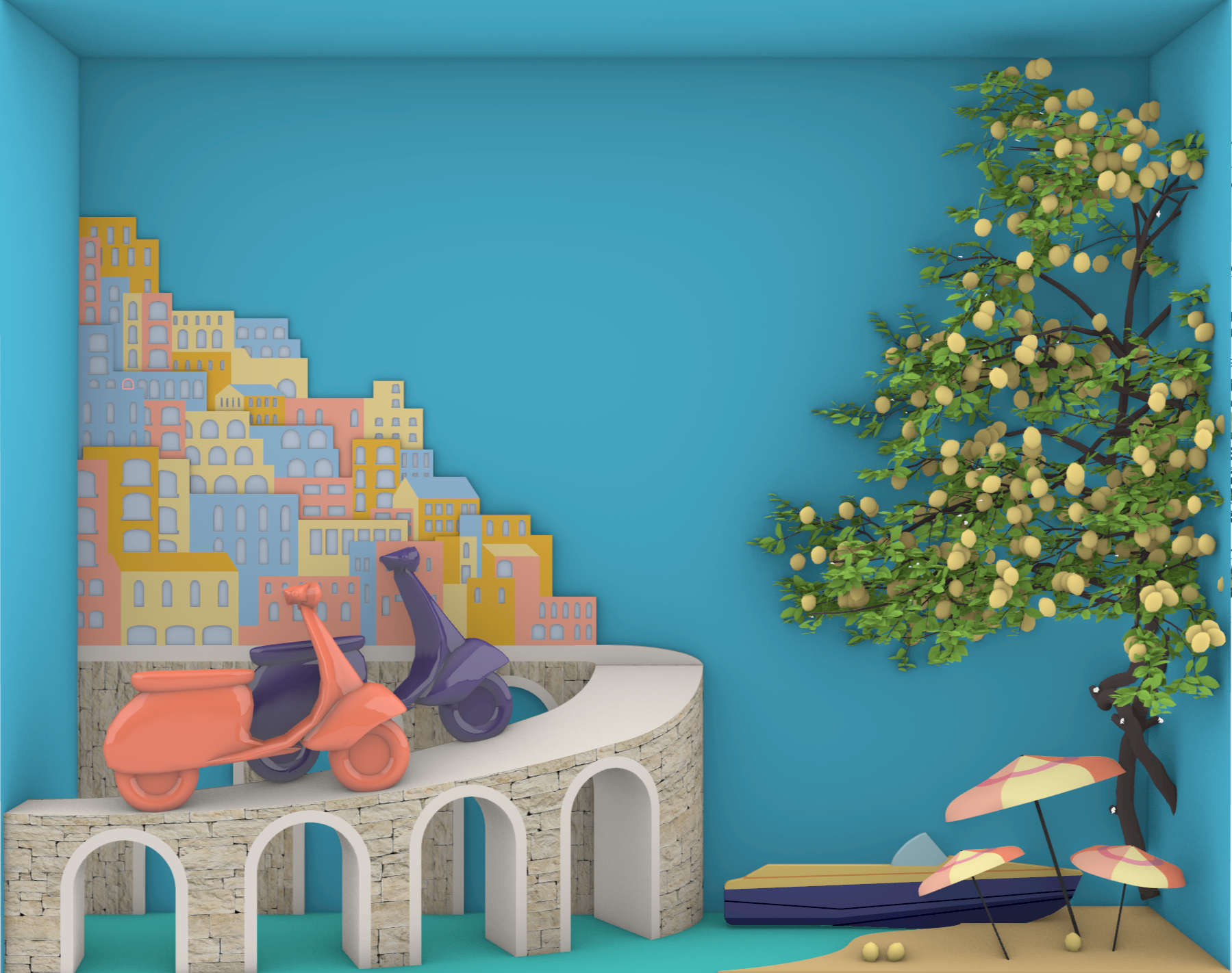 Final 3D model of sculptural screen installation for a textile brand, featuring colorful building facades, scooters, lemon tree, and beach elements evoking a summer landscape.