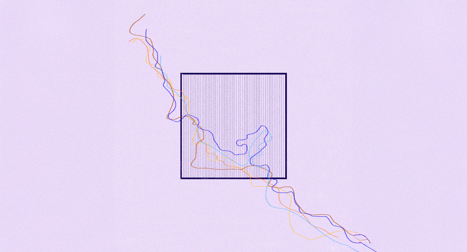 A minimal digital illustration showing a dark-framed square filled with fine vertical lines, intersected by flowing colorful threads in orange, blue, and violet, referencing embroidery and motion.