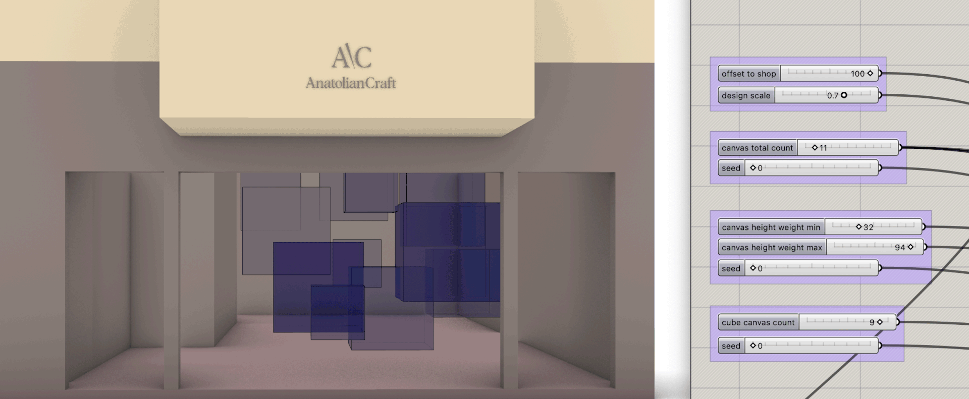 Animated generative design variations of window display layout showing cubes shifting in position, size, and configuration based on parametric inputs.