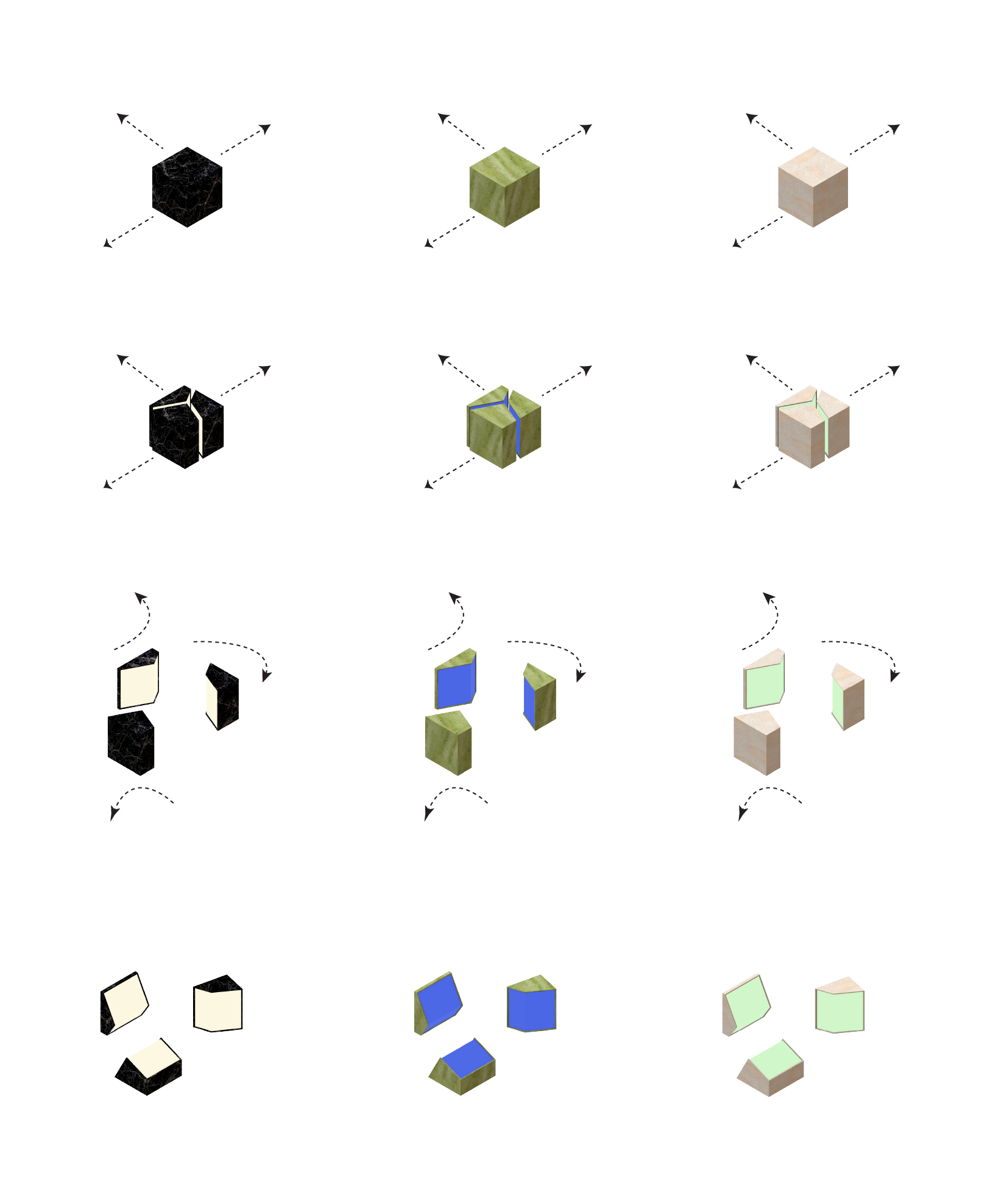 Exploded diagram showing the Cube lighting object in three stone material options, illustrating how the modular pieces separate to reveal illuminated inner surfaces.