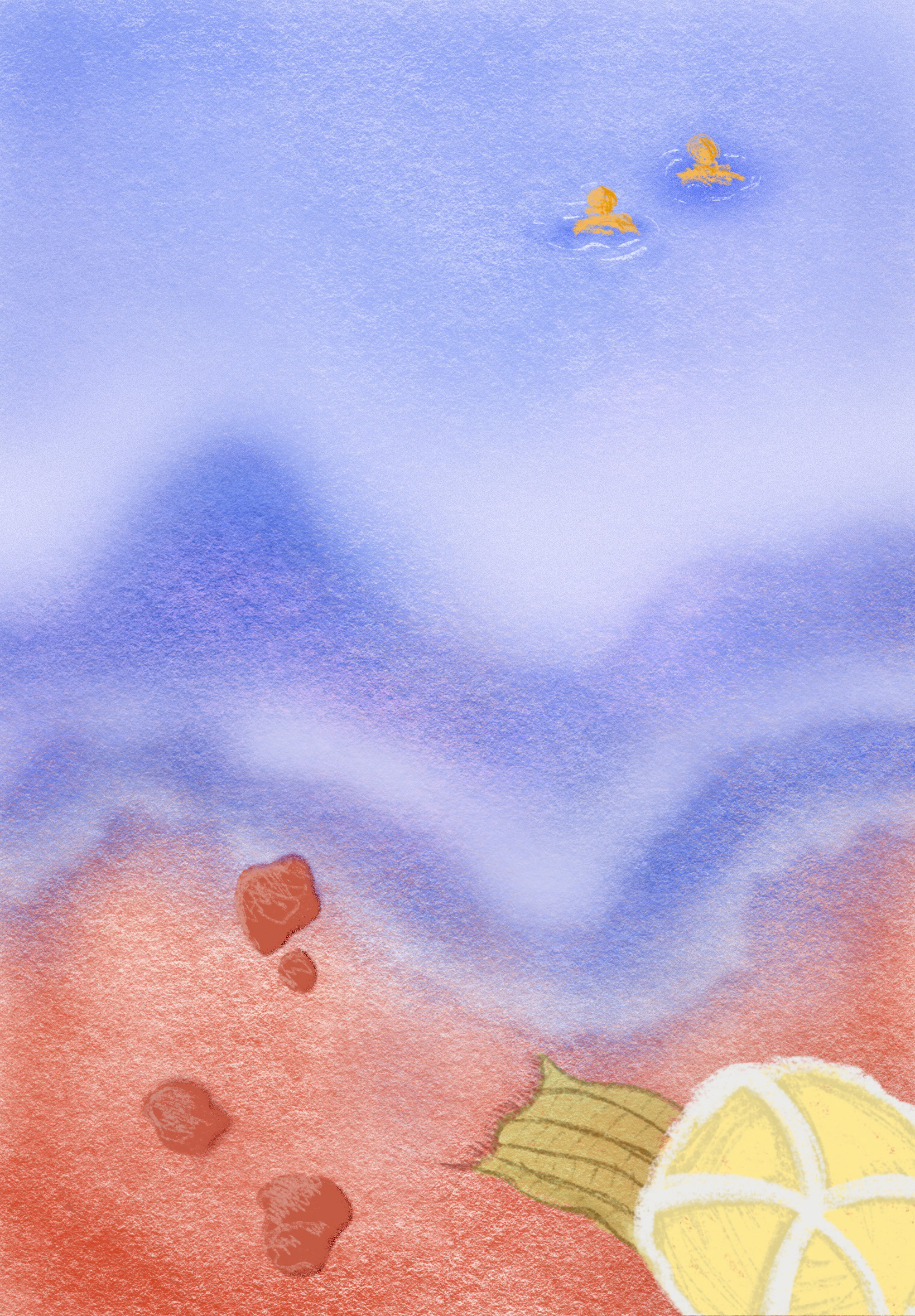 Softly textured illustration of a beach with a couple swimming in the sea, beach towel and footprints on the sand.