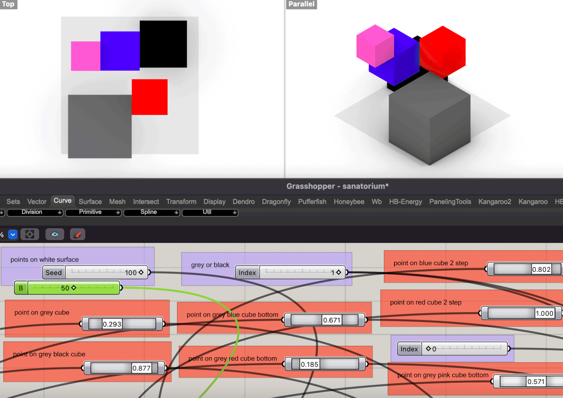 "Design coding interface showing generative cube arrangement for the 'Cubes' sculpture, created in collaboration with Sergen Şehitoğlu using Grasshopper."
