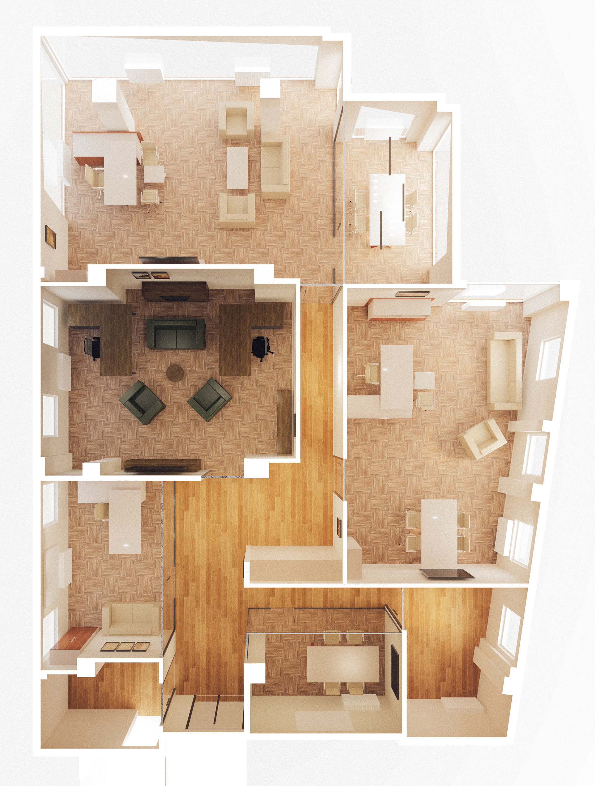 Rendered floor plan of the redesigned Bukan Construction office, showing furniture layout and material palette by Studio Fandam.