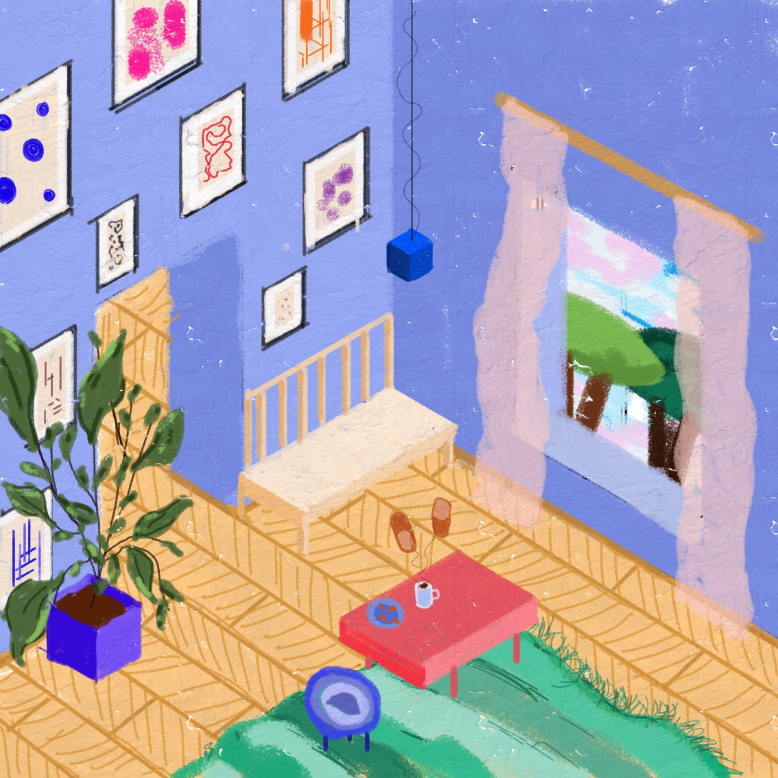 Isometric illustration of a cozy, colorful room filled with art, plants, and personal objects, with a view of nature outside the window.